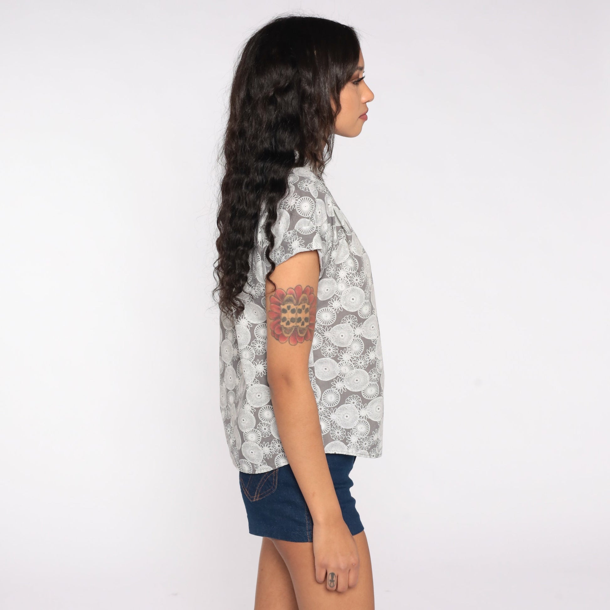 90s Spirograph Abstract Print Button Up Shirt Grey White Medium