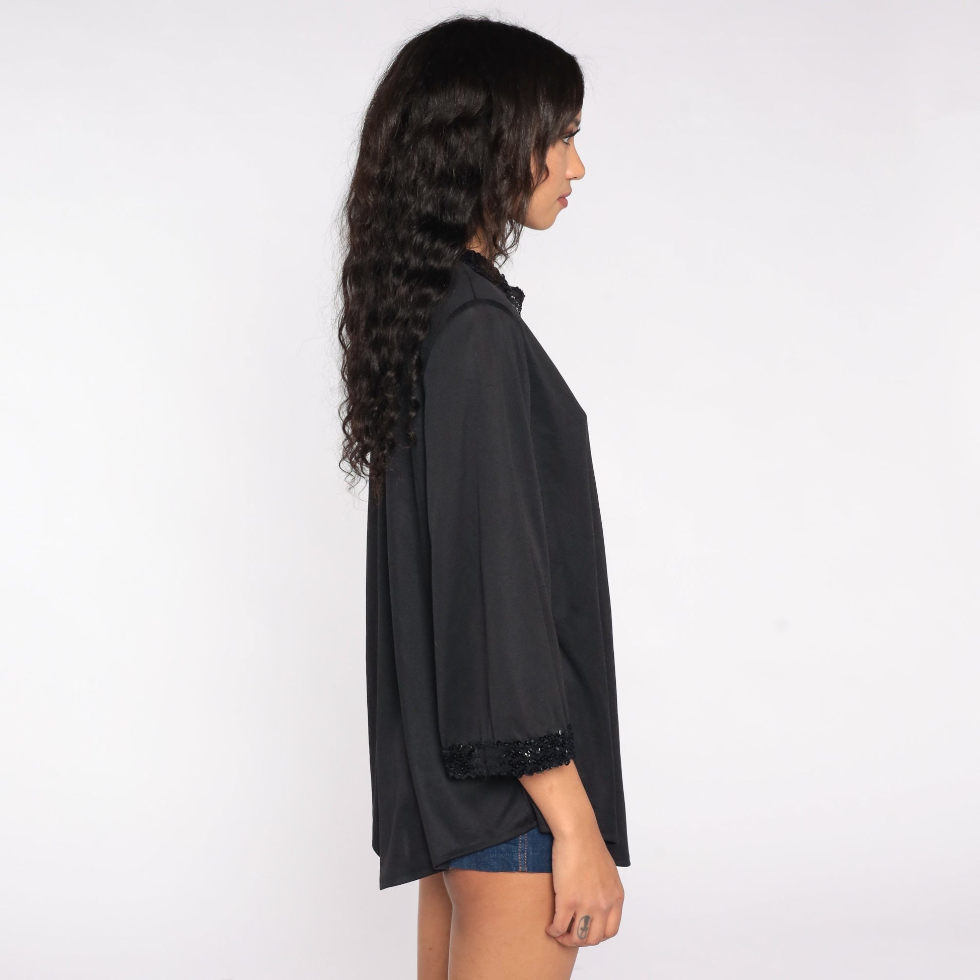 70s Black Sequin Blouse V-Neck Slit Long Sleeve Disco Party Top Medium Large