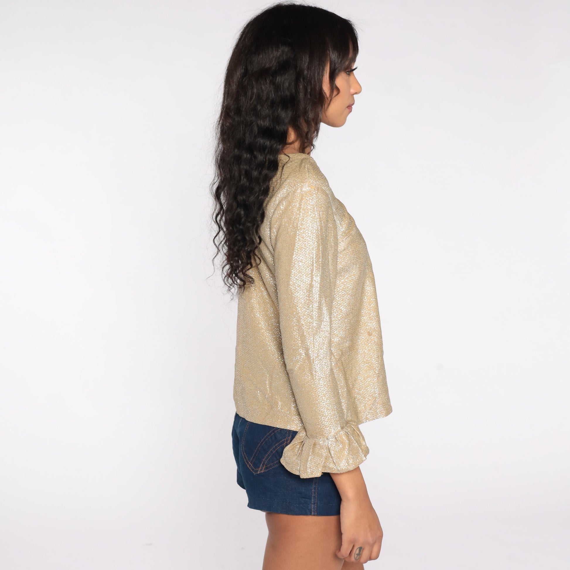 60s Metallic Gold Silver Blouse Bell Sleeve Party Top Extra Small