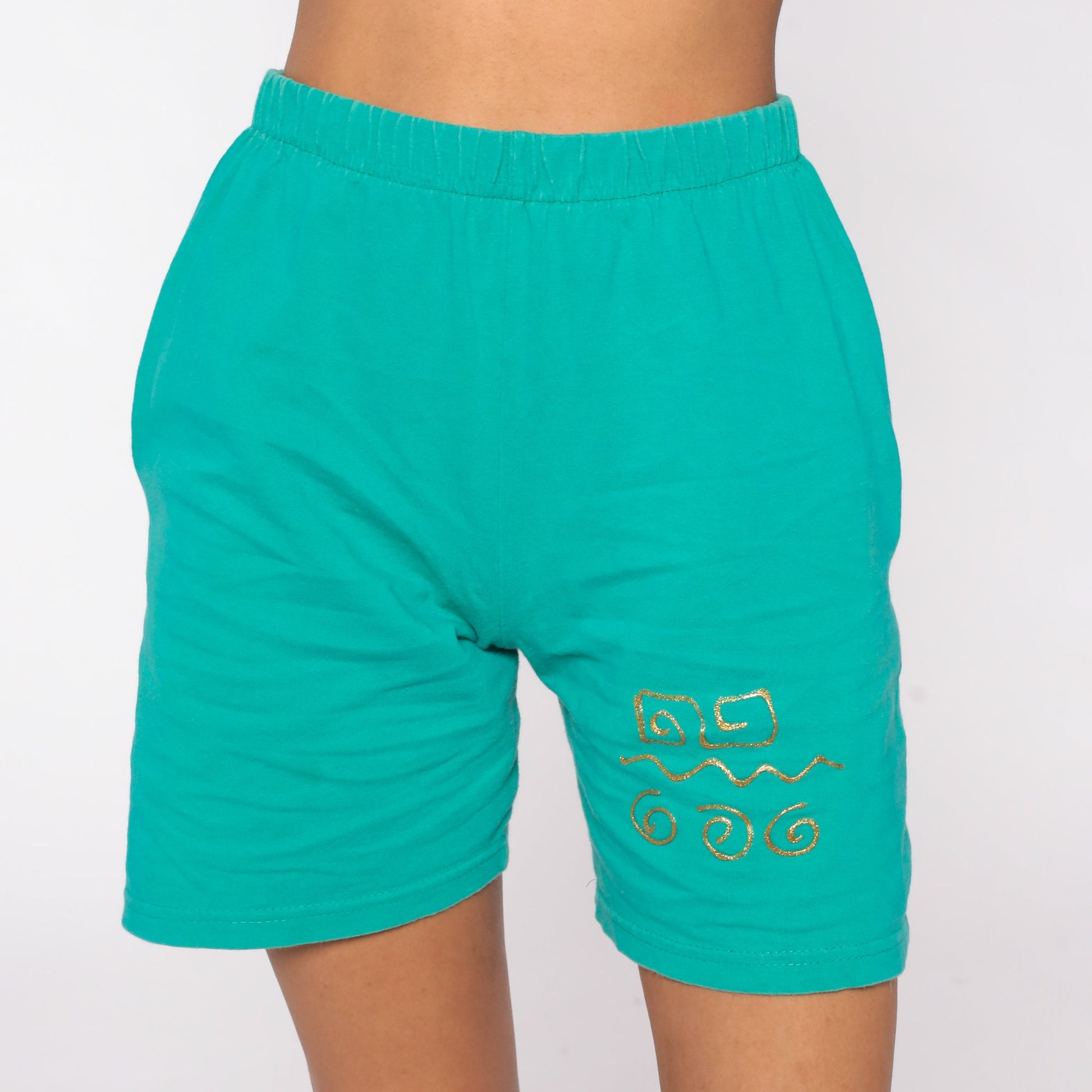 90s Green Gold Painted Elastic Waist Shorts High Rise Small S
