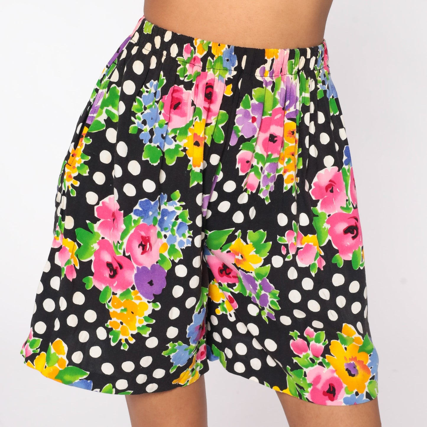 90s Floral Polka Dot High-Waisted Rayon Shorts Black White Small Medium