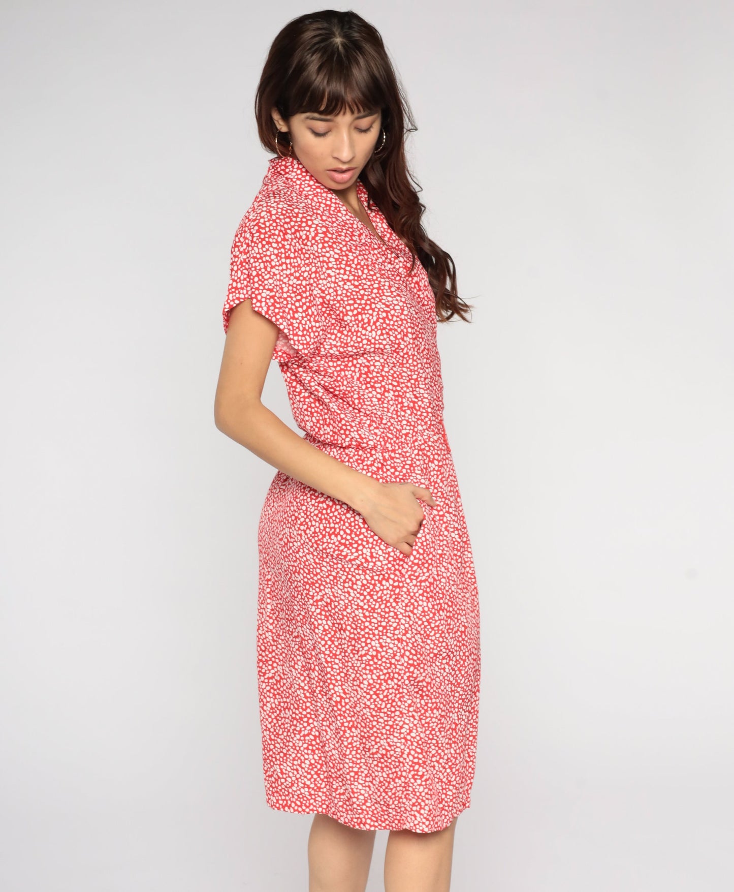 80s All That Jazz Midi Wrap Dress Red Pebble Print Pockets V-Neck Large 14