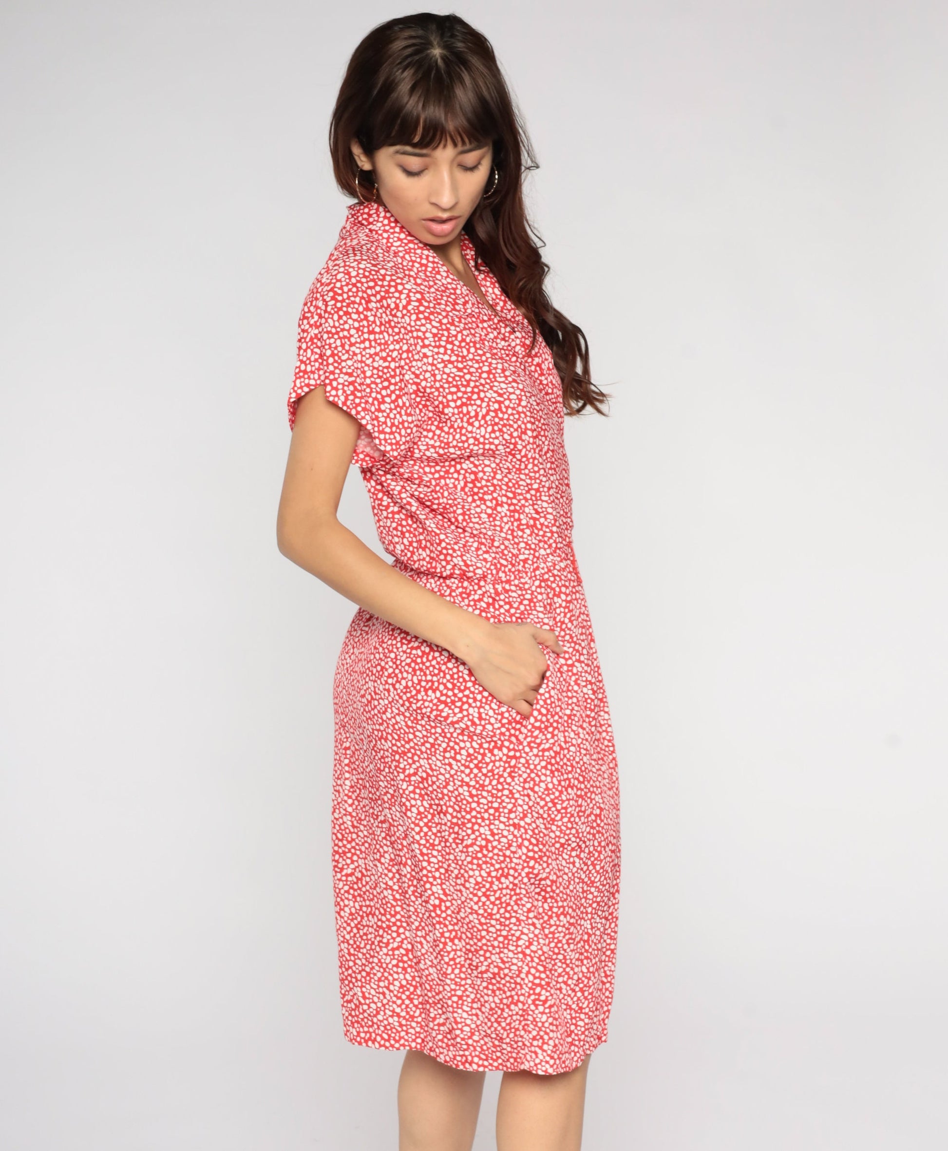 80s All That Jazz Midi Wrap Dress Red Pebble Print Pockets V-Neck Large 14