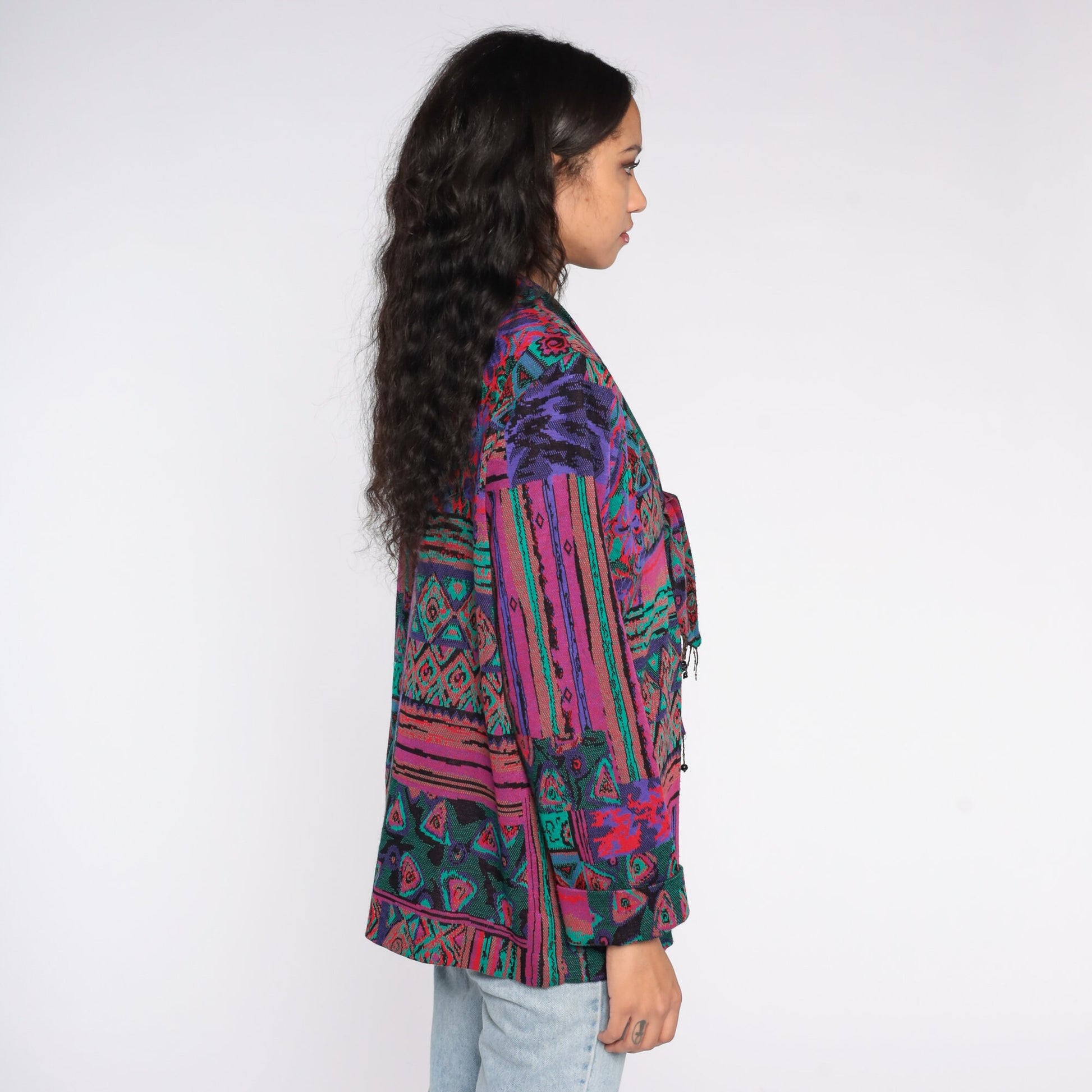 90s Woven Blazer Jacket Abstract Tapestry Tie Front Beaded Large L