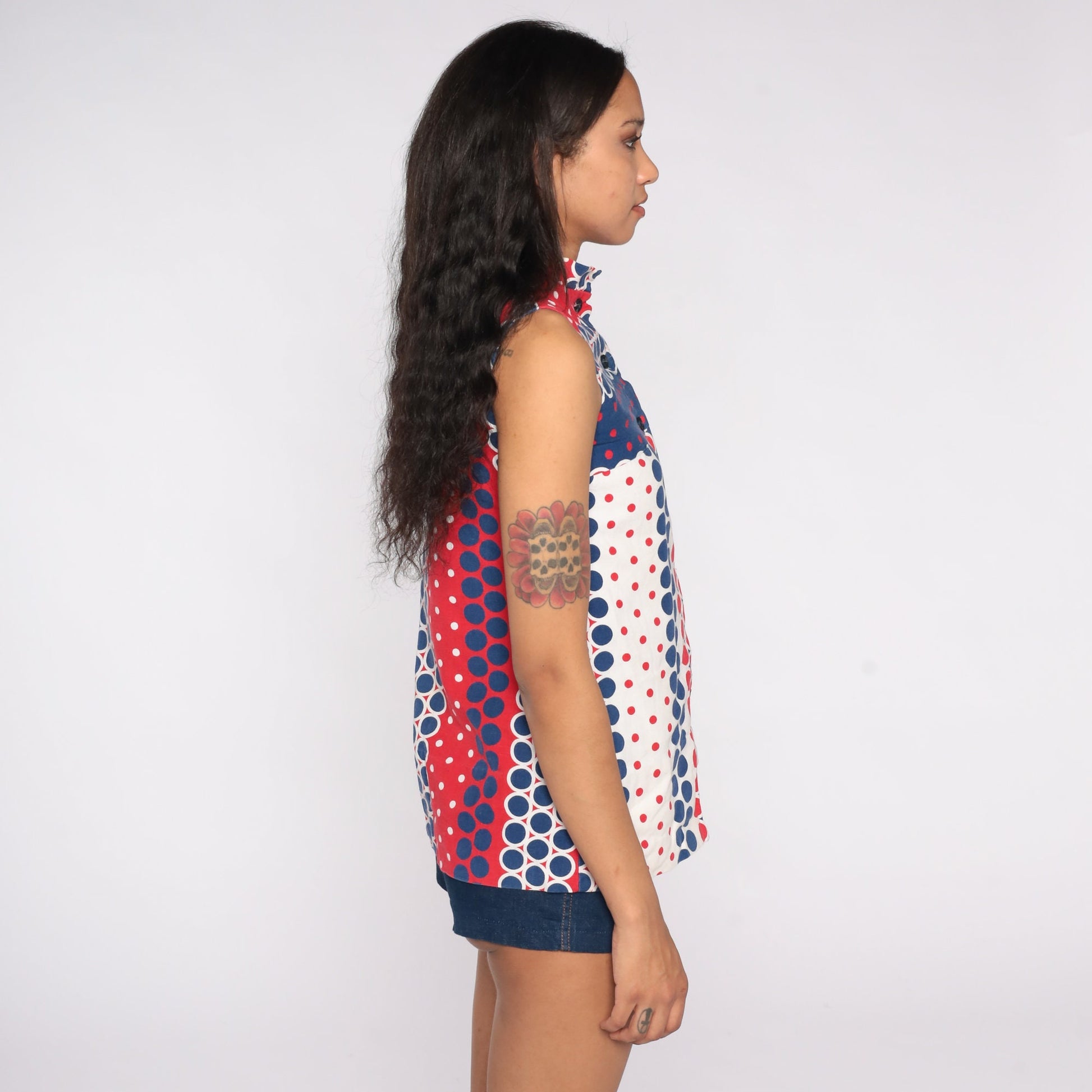 60s Mod Tank Top Polka Dot High Neck Button Front Red White Blue Extra Small XS