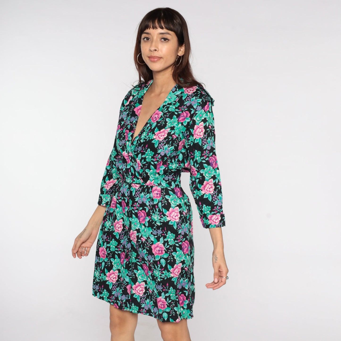 80s Floral Wrap Dress Black Pink Green Purple Mini High Waisted Small