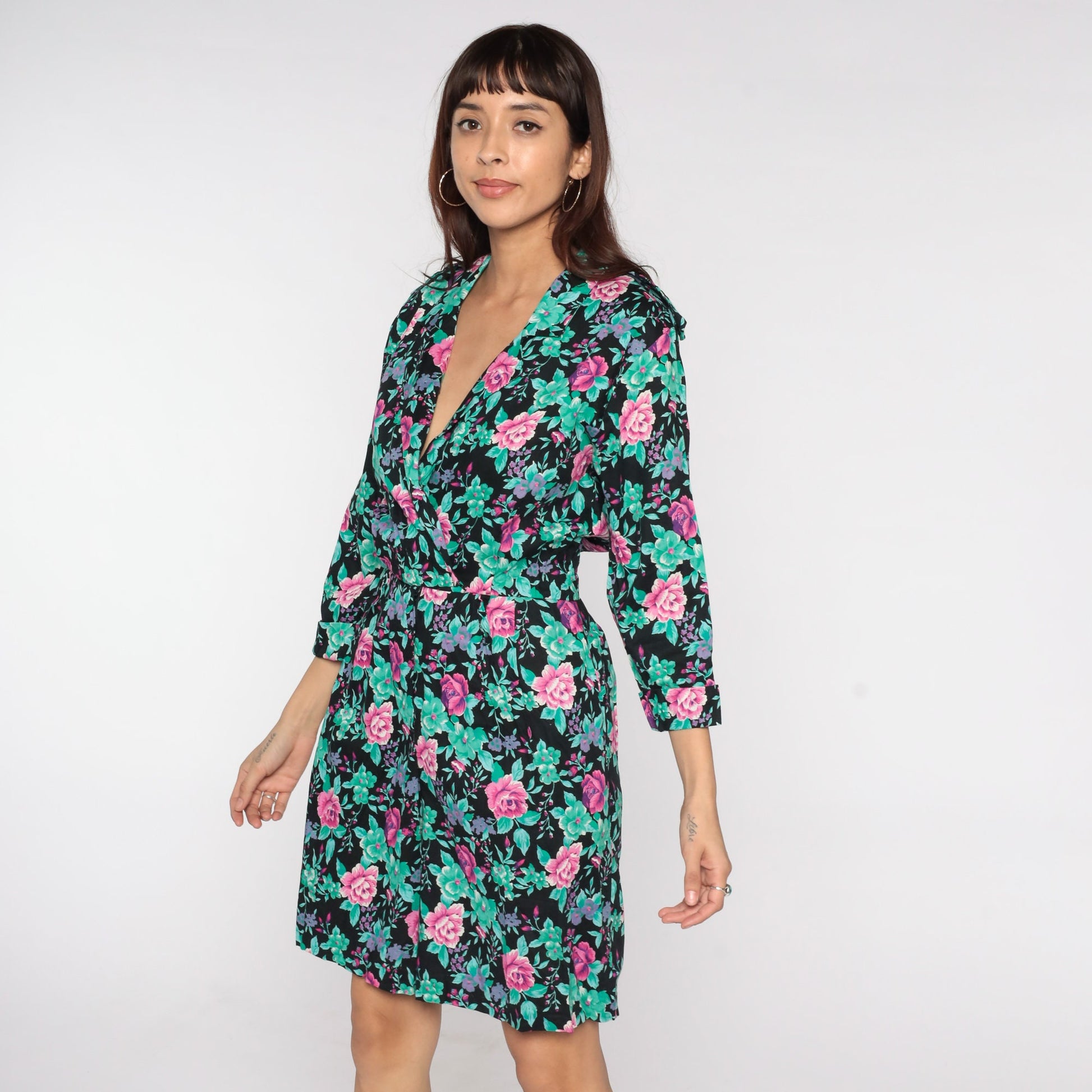 80s Floral Wrap Dress Black Pink Green Purple Mini High Waisted Small