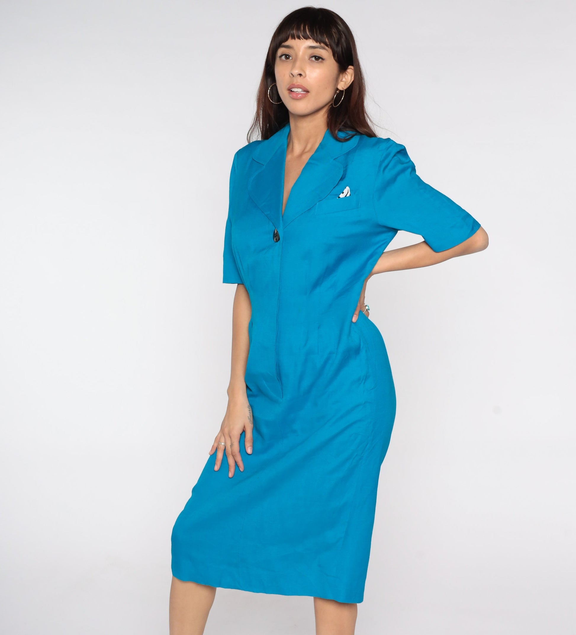 80s Liz Claiborne Blue Linen Midi Dress High Waist Notched Collar Medium