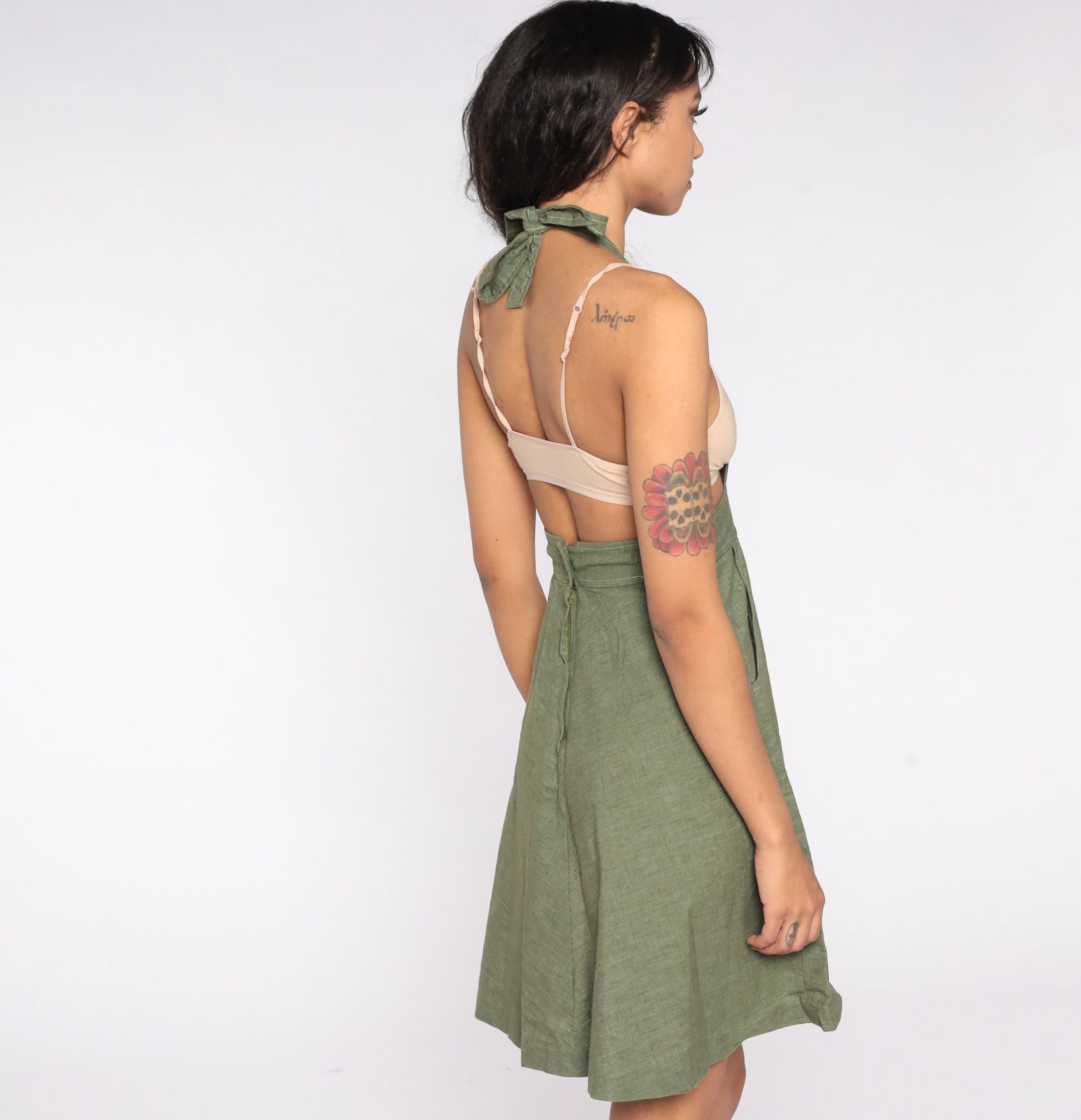 70s Green Patchwork Apple Halter Apron Dress Cotton Extra Small