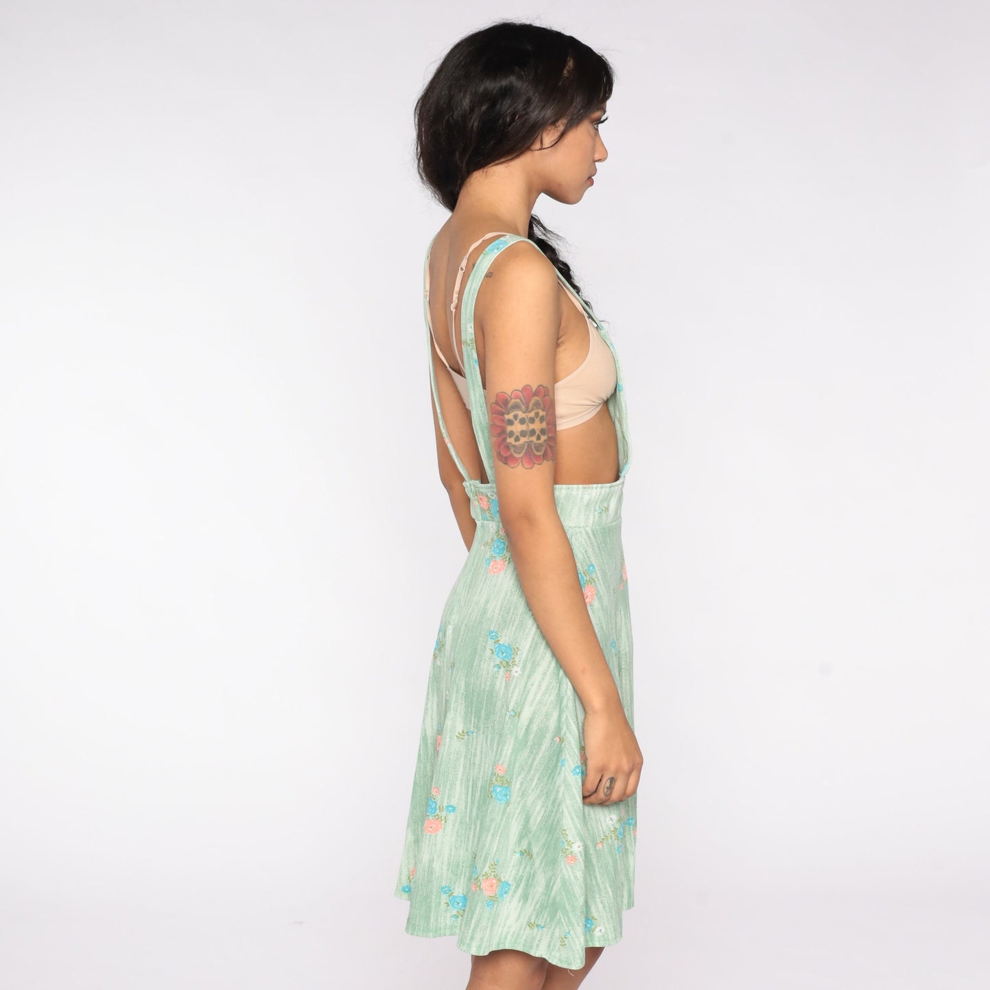 70s Green Floral Apron Dress Midi Pinafore Small