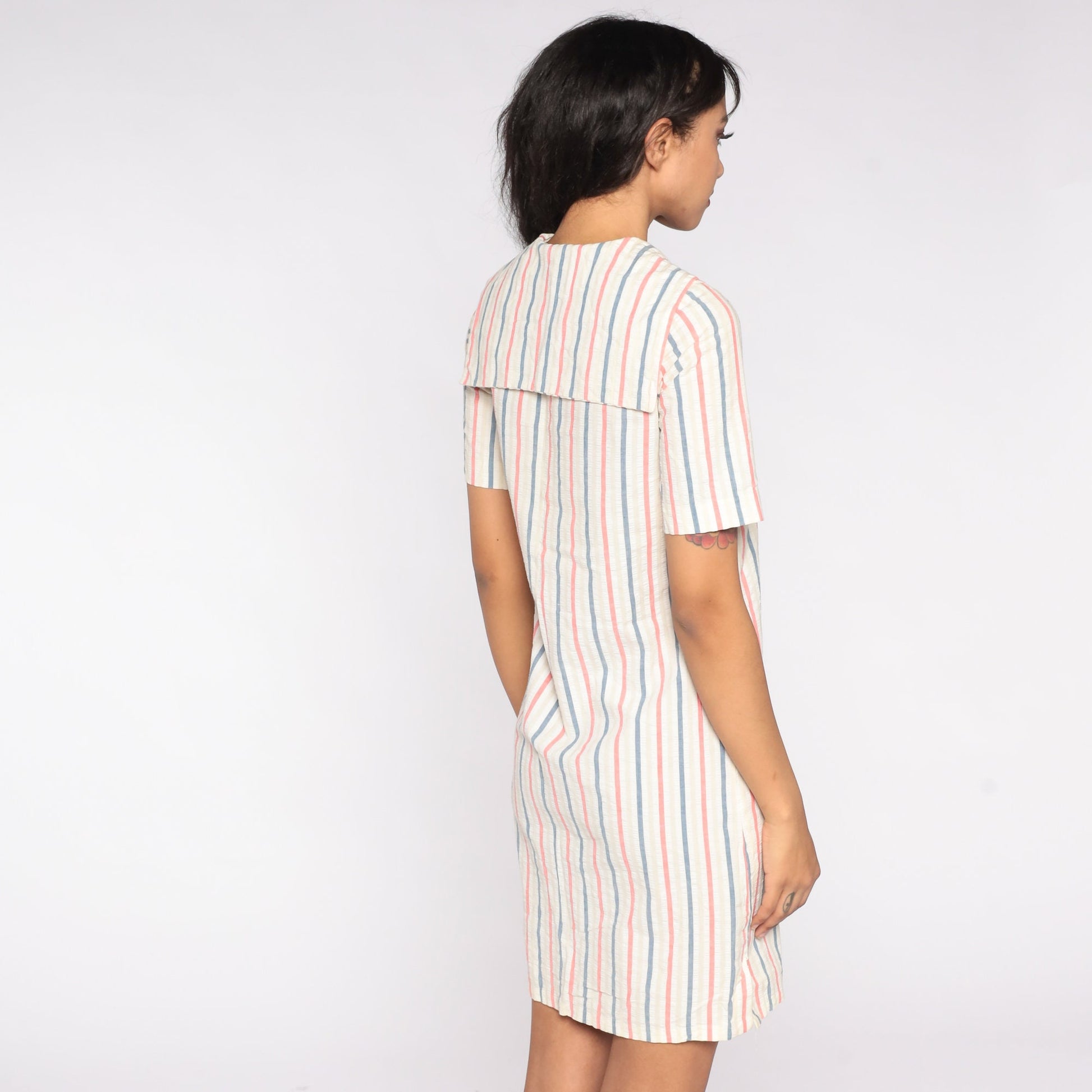 70s Striped Sailor Collar Mini Dress Short Sleeve Shift Nautical Extra Small XS