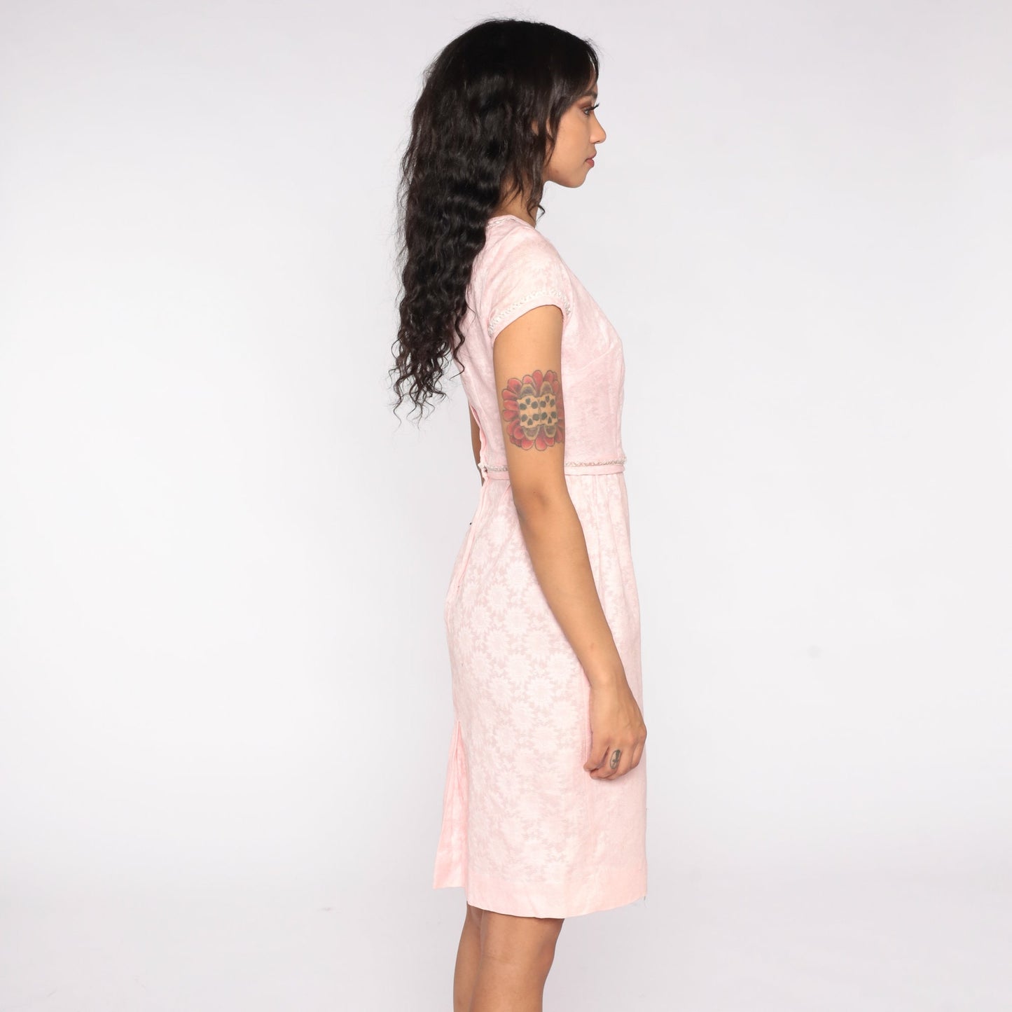 60s Baby Pink Floral Sheath Dress Cap Sleeve Knee Length Extra Small XS