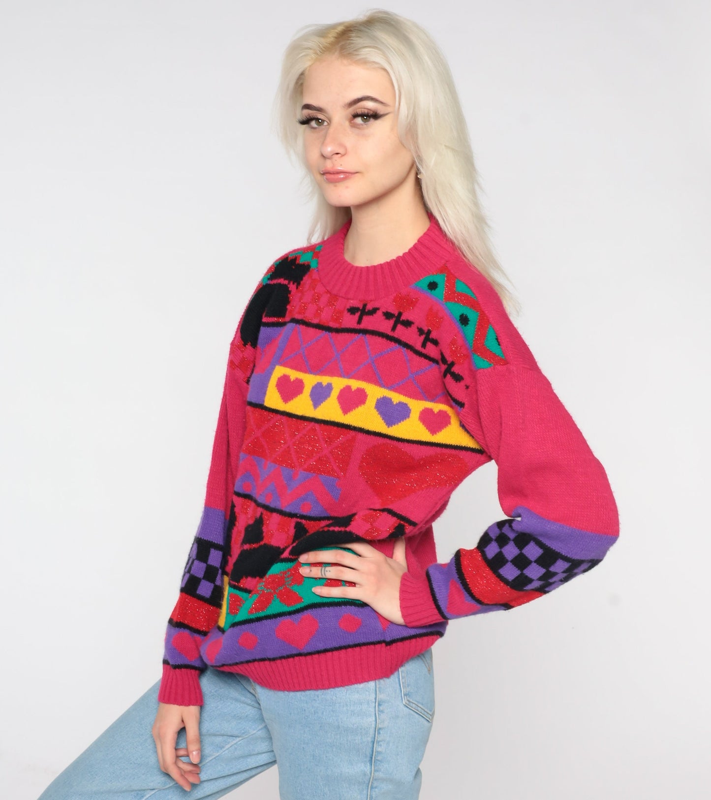 80s Scottie Dog Knit Sweater Pink Geometric Hearts Flowers Bows Medium