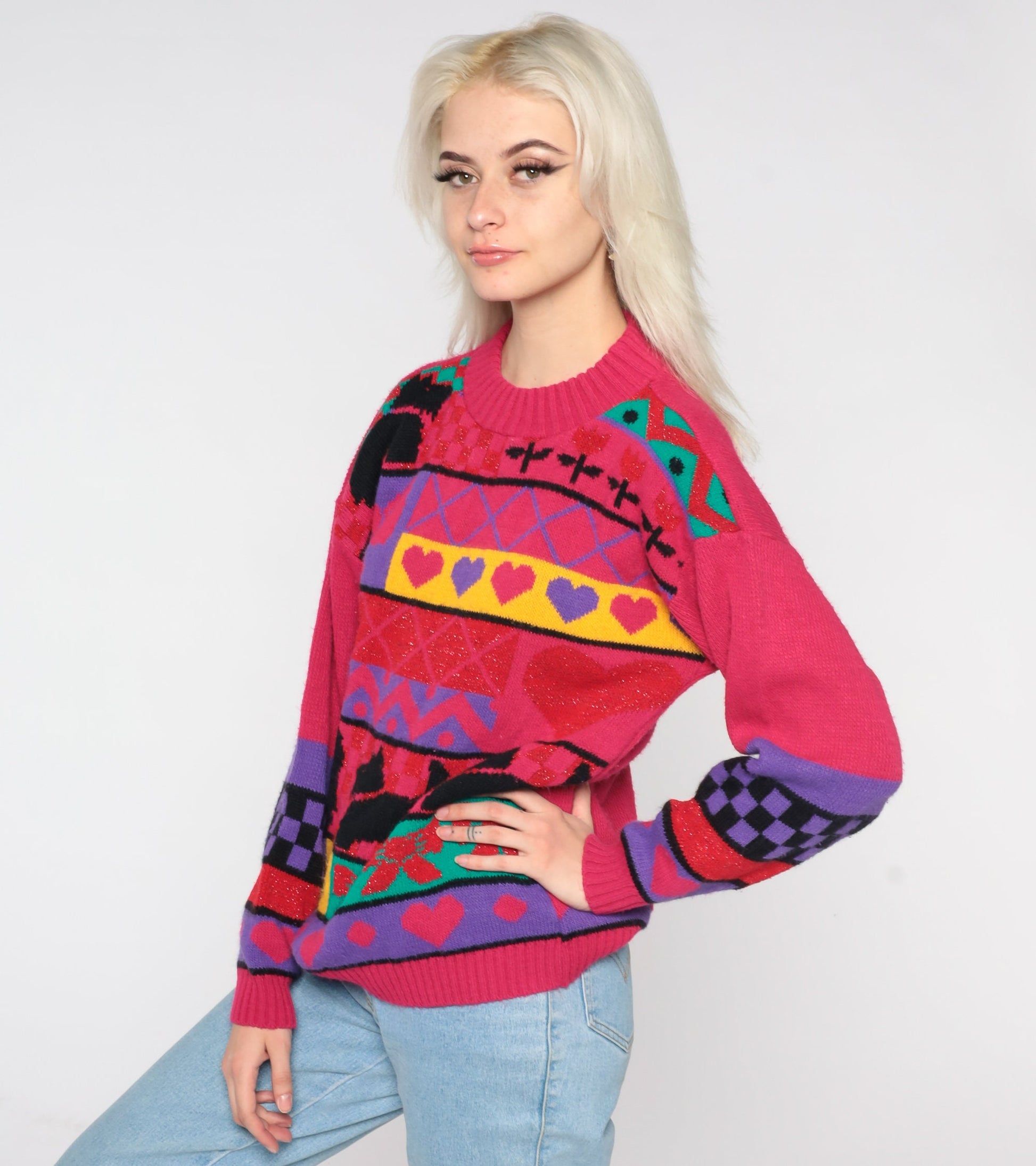 80s Scottie Dog Knit Sweater Pink Geometric Hearts Flowers Bows Medium