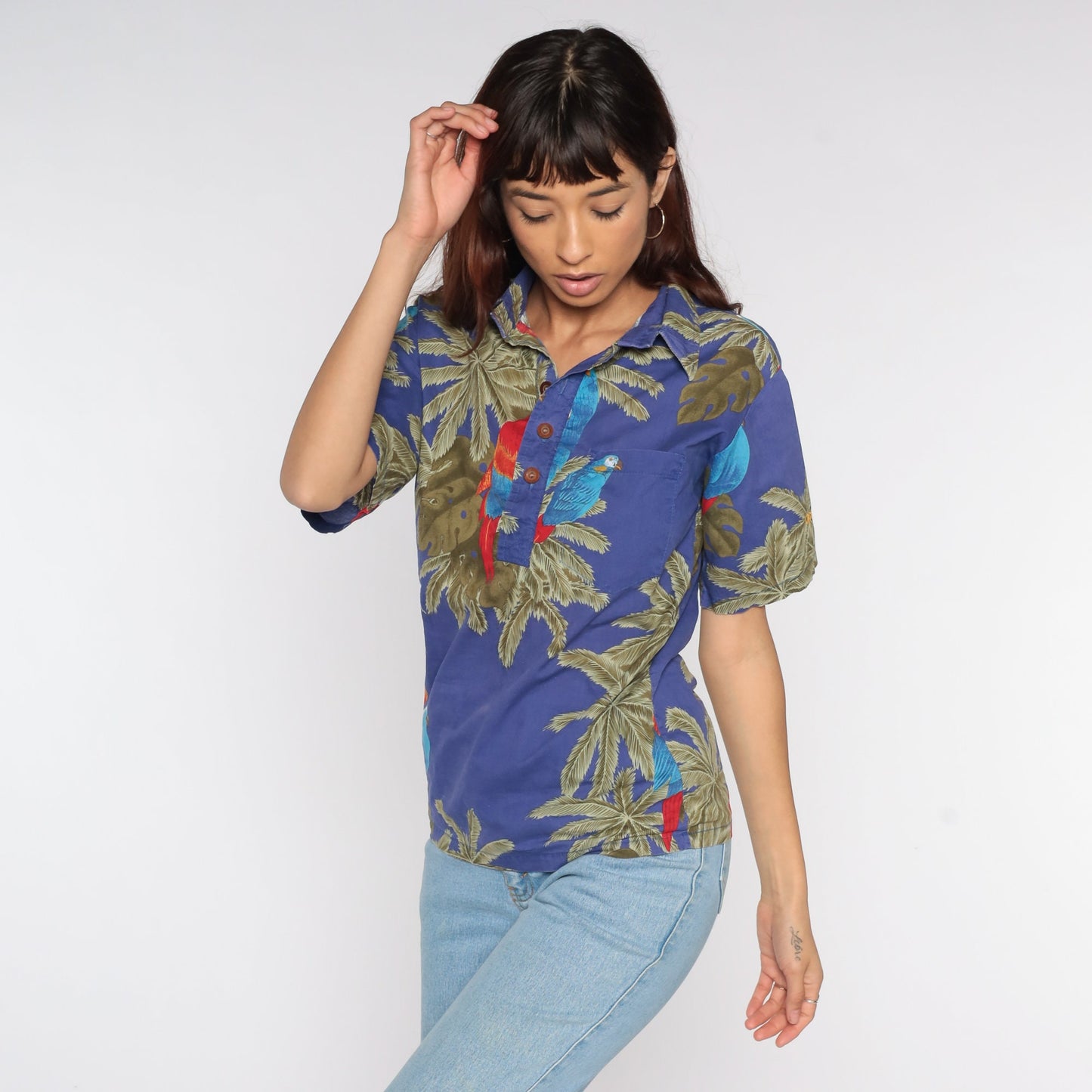 80s Ocean Pacific Tropical Polo Shirt Parrot Palm Leaf Print Small