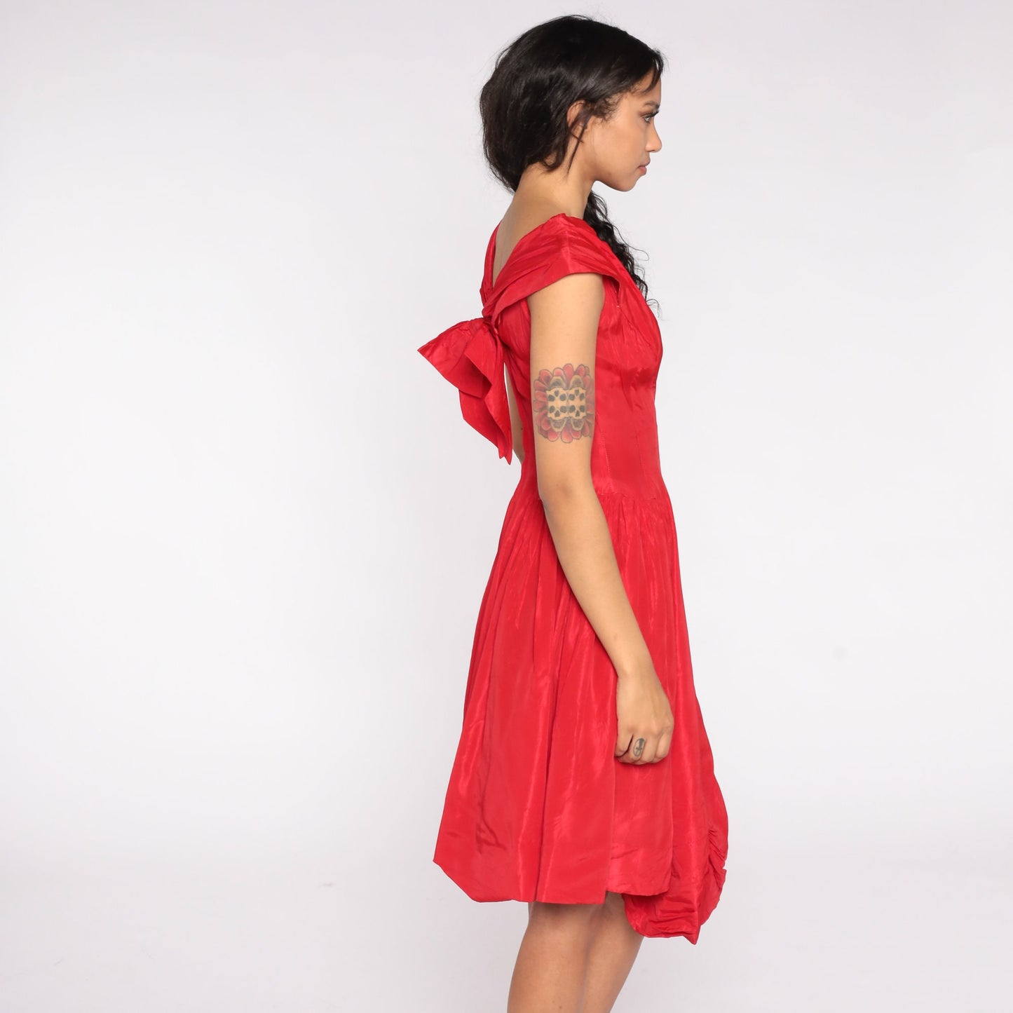 60s Red Cap Sleeve Party Dress Bow Back High Waist Mini Small