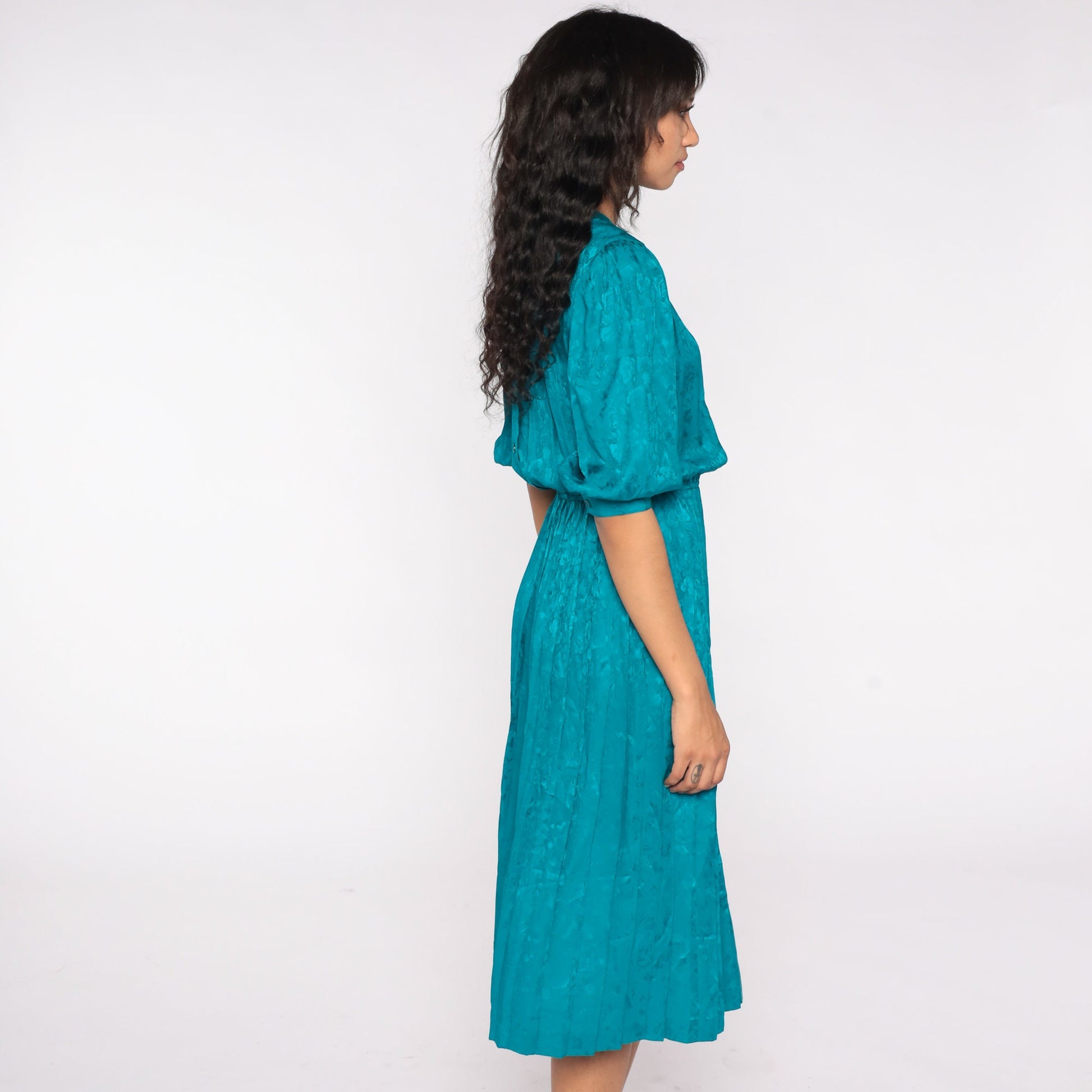 90s Teal Silk Midi Dress Puff Sleeve High Waist Pleated Floral Small
