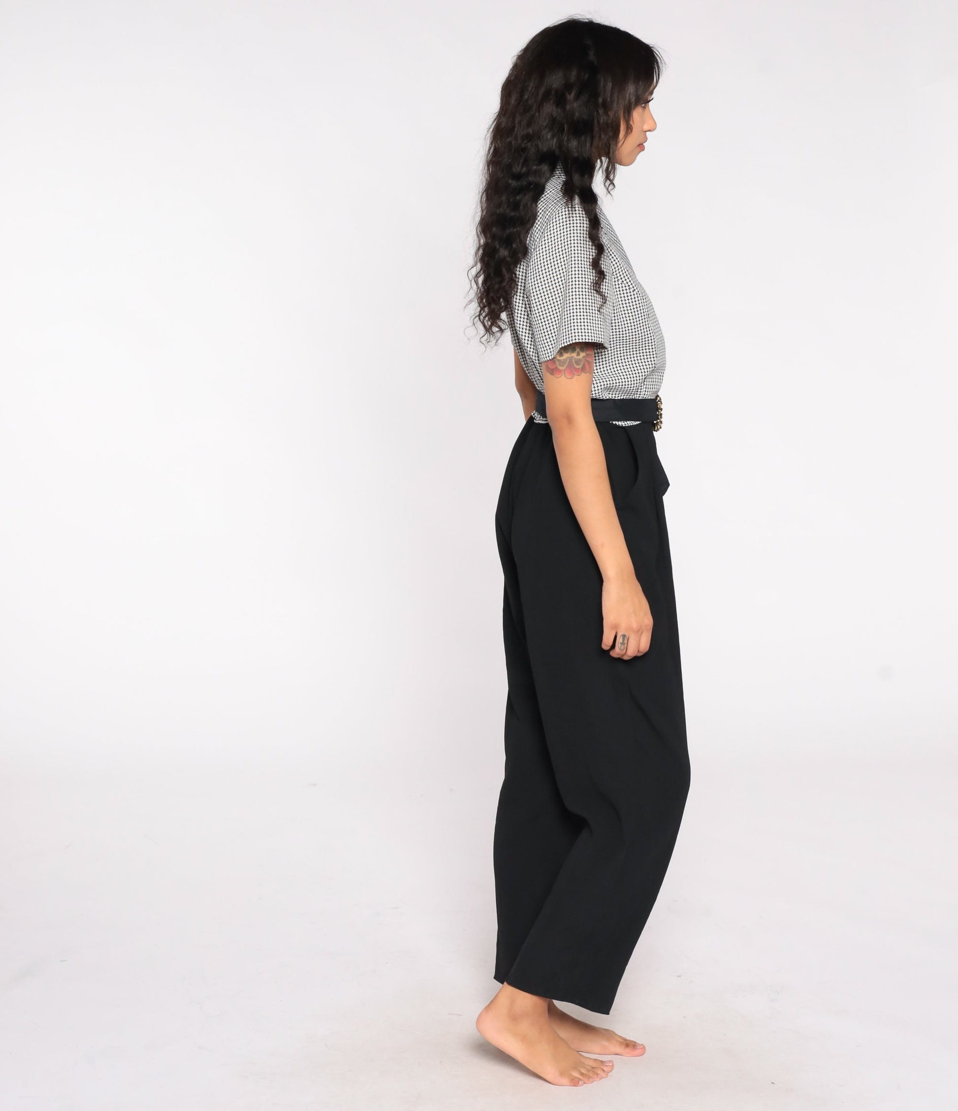80s Black Checkered Jumpsuit High Waisted Collared V Neck Belted Pantsuit Large