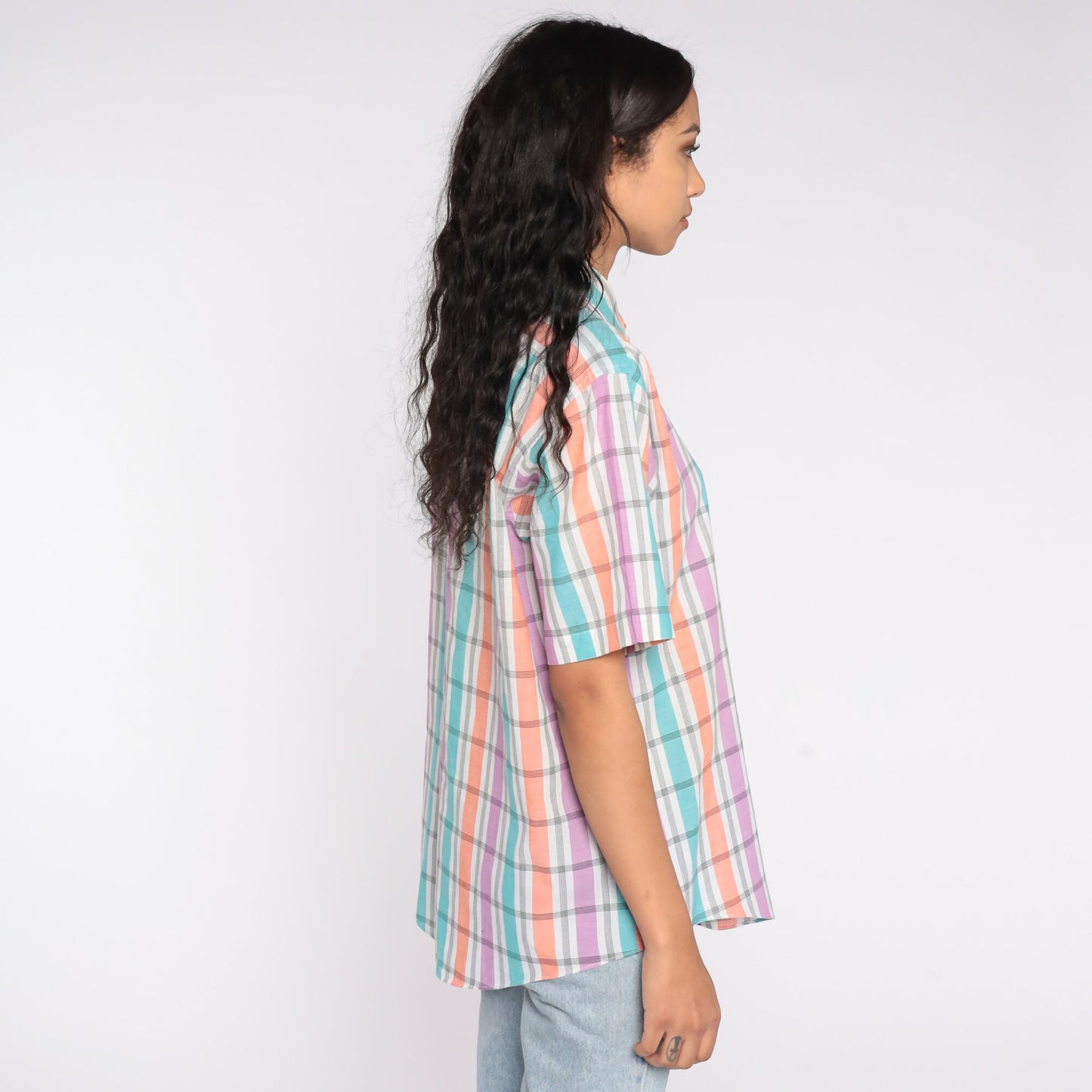90s Plaid Button Up Shirt Short Sleeve Purple White Checkered Extra Large XL