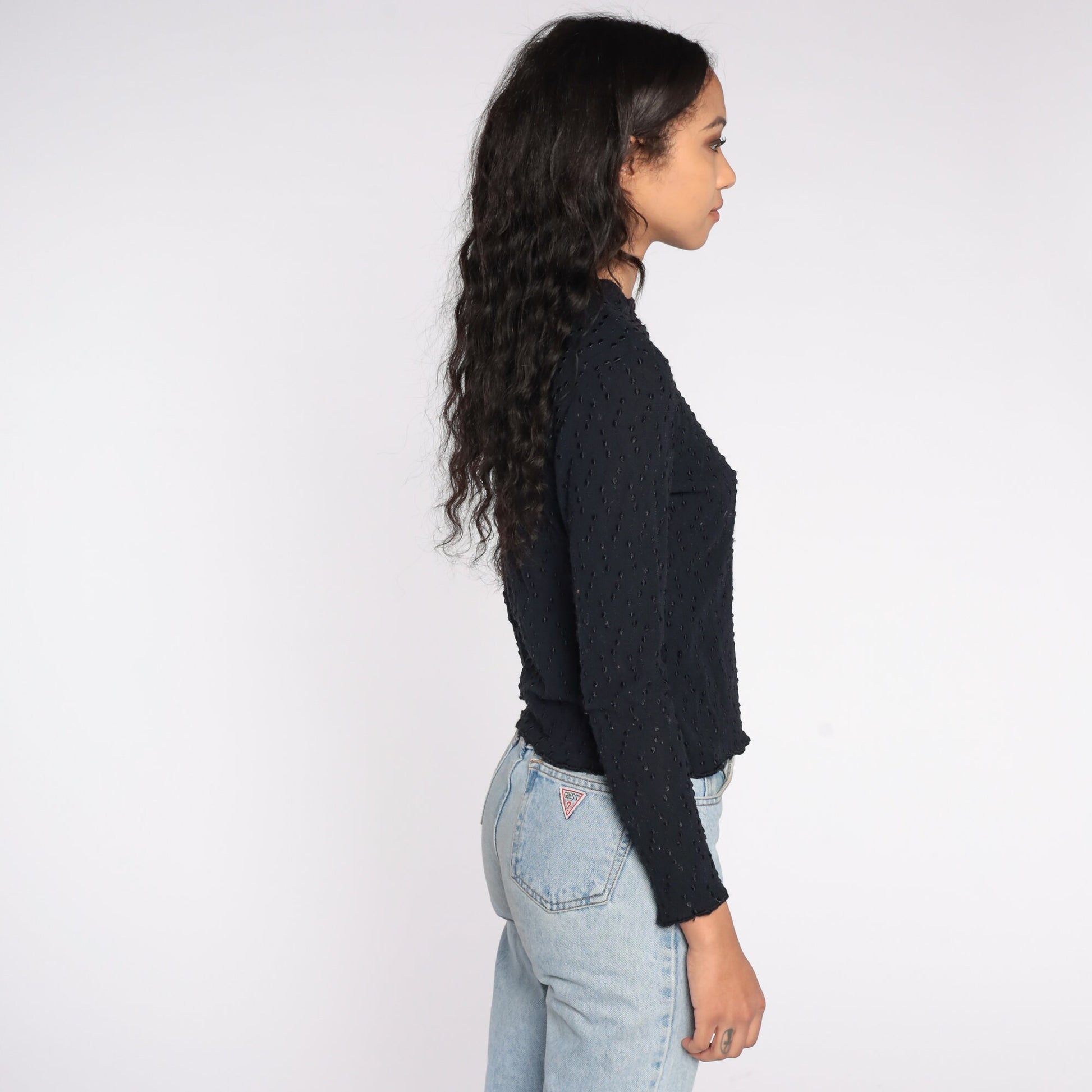 90s Black Embroidered Nylon Blouse Long Sleeve Semi-Sheer Y2K Large L