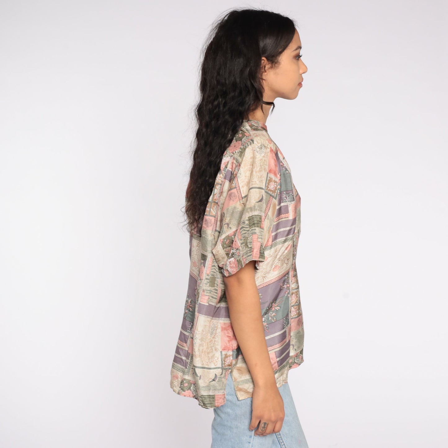 90s Silk Blouse Abstract Floral Patchwork Print Short Sleeve Pink Purple Extra Large XXL