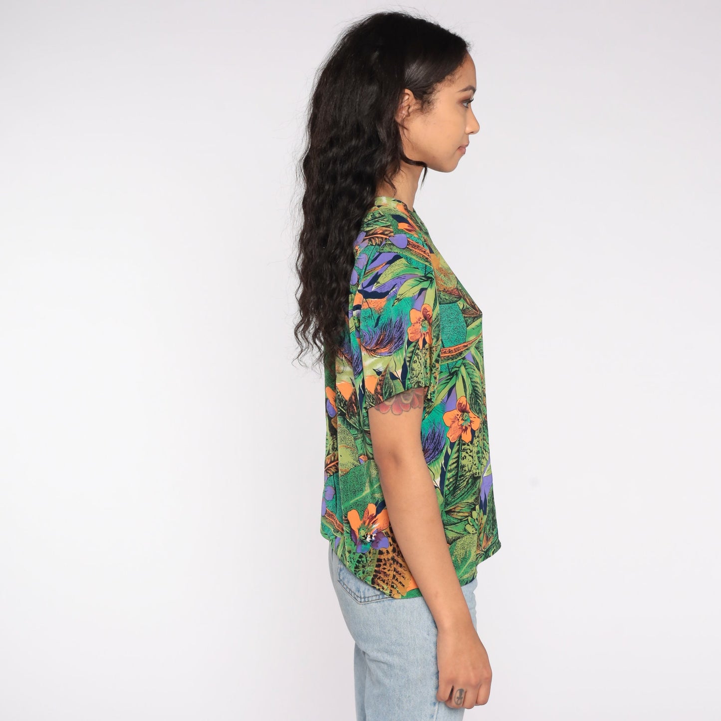 90s Tropical Floral Jungle Print Short Sleeve Shirt Green Small