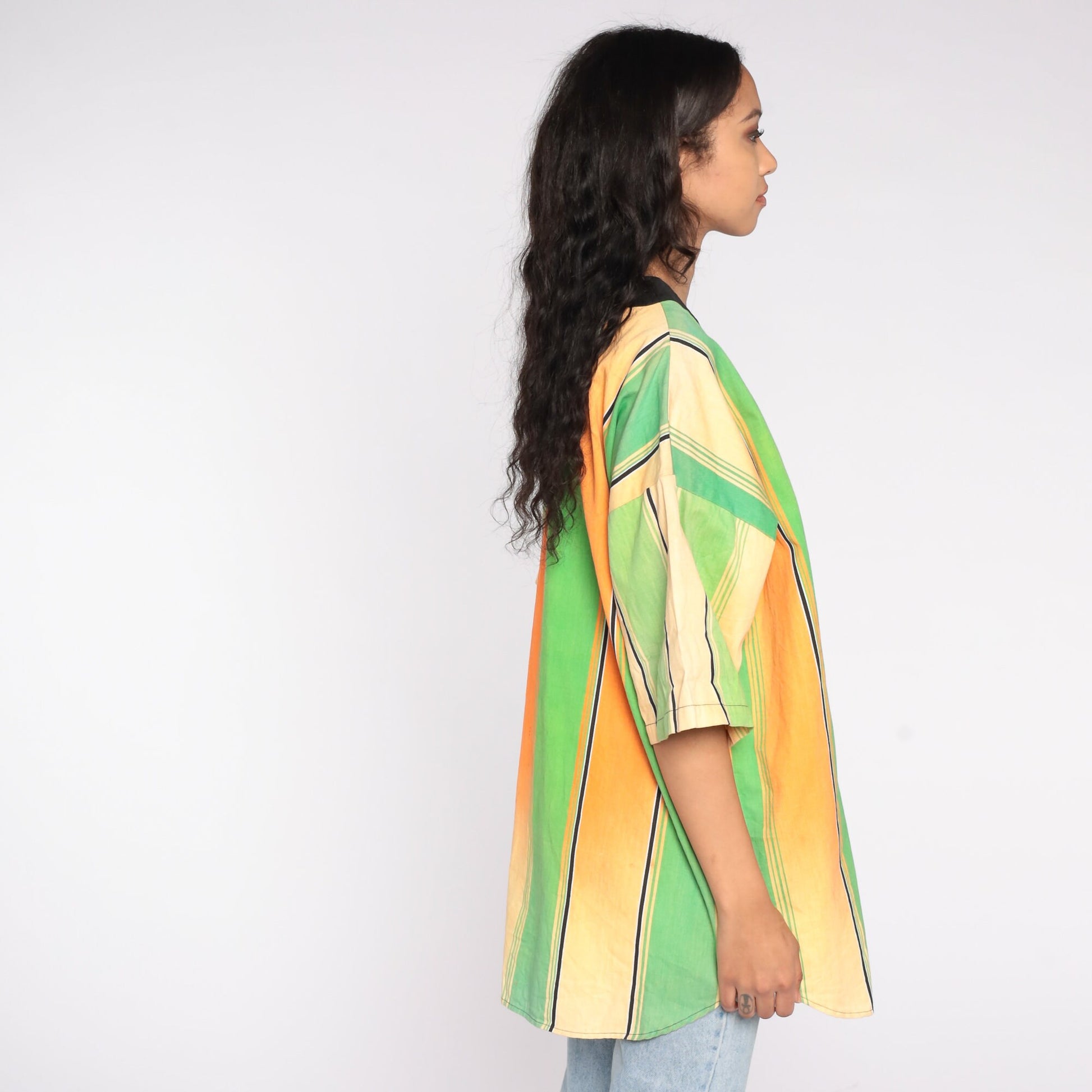 90s Neon Green Orange Striped Baseball Jersey Cotton Button Up Large