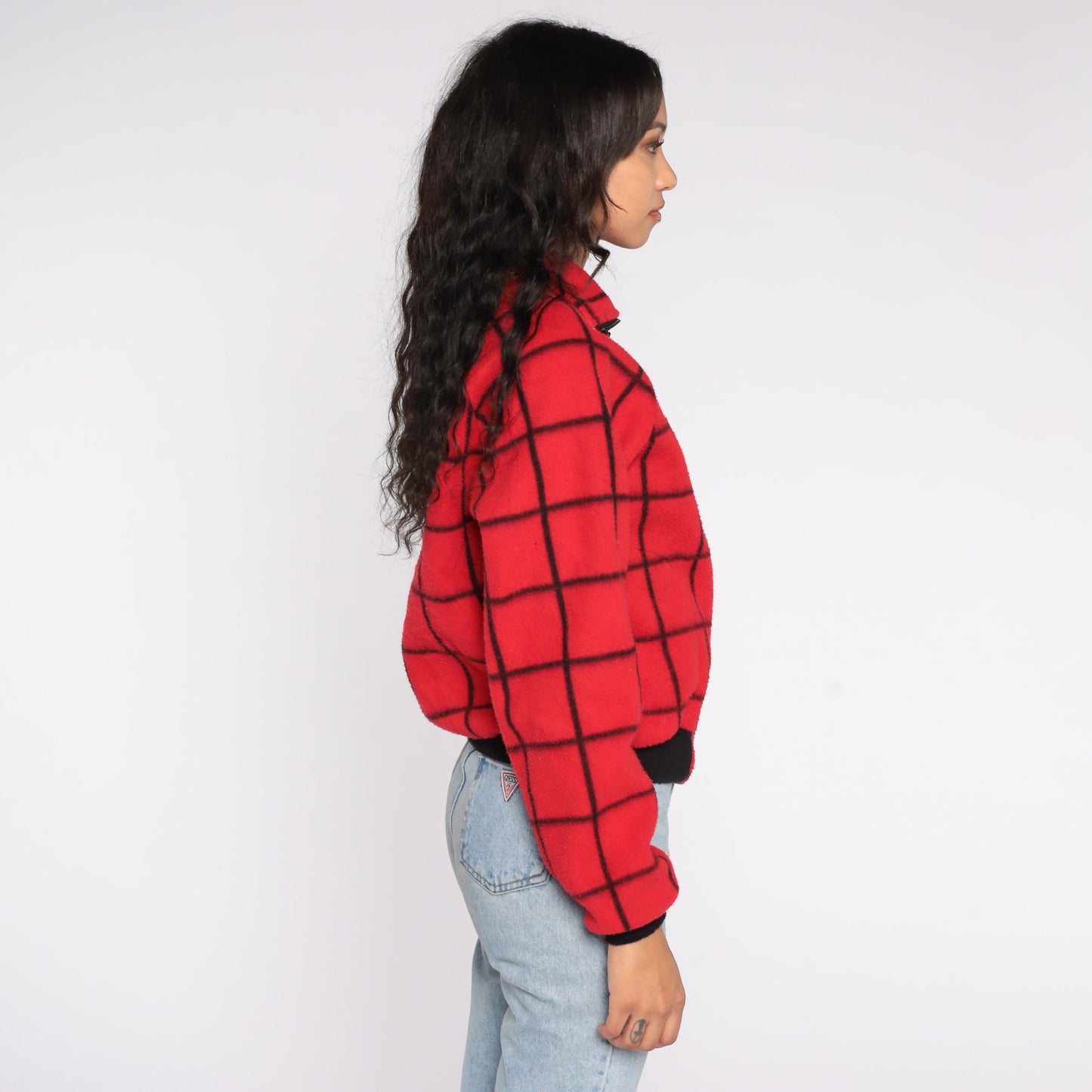 80s Red Plaid Polar Fleece Zip-Up Jacket Checkered Small