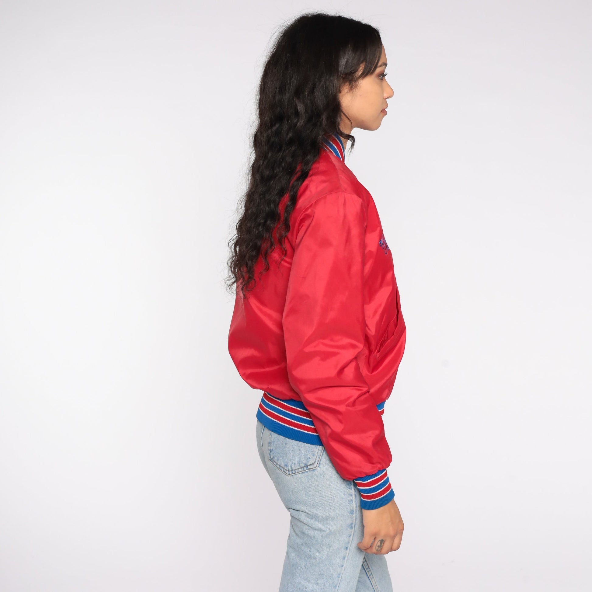 80s Red Bomber Jacket Cheryl American Realty Embroidered Snap Front Extra Small XS