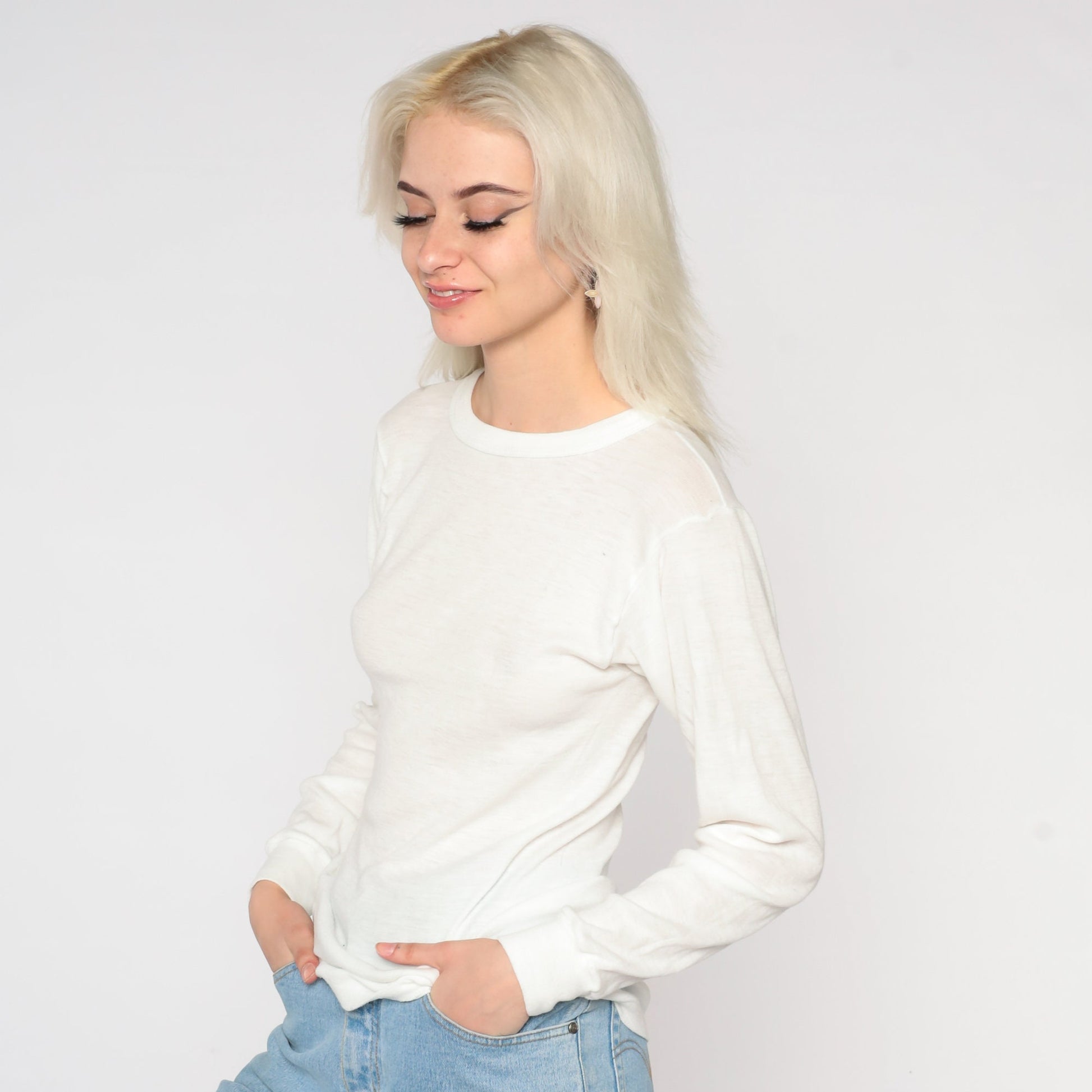 80s White Thermal Long Sleeve Crewneck Shirt Semi Sheer Medium