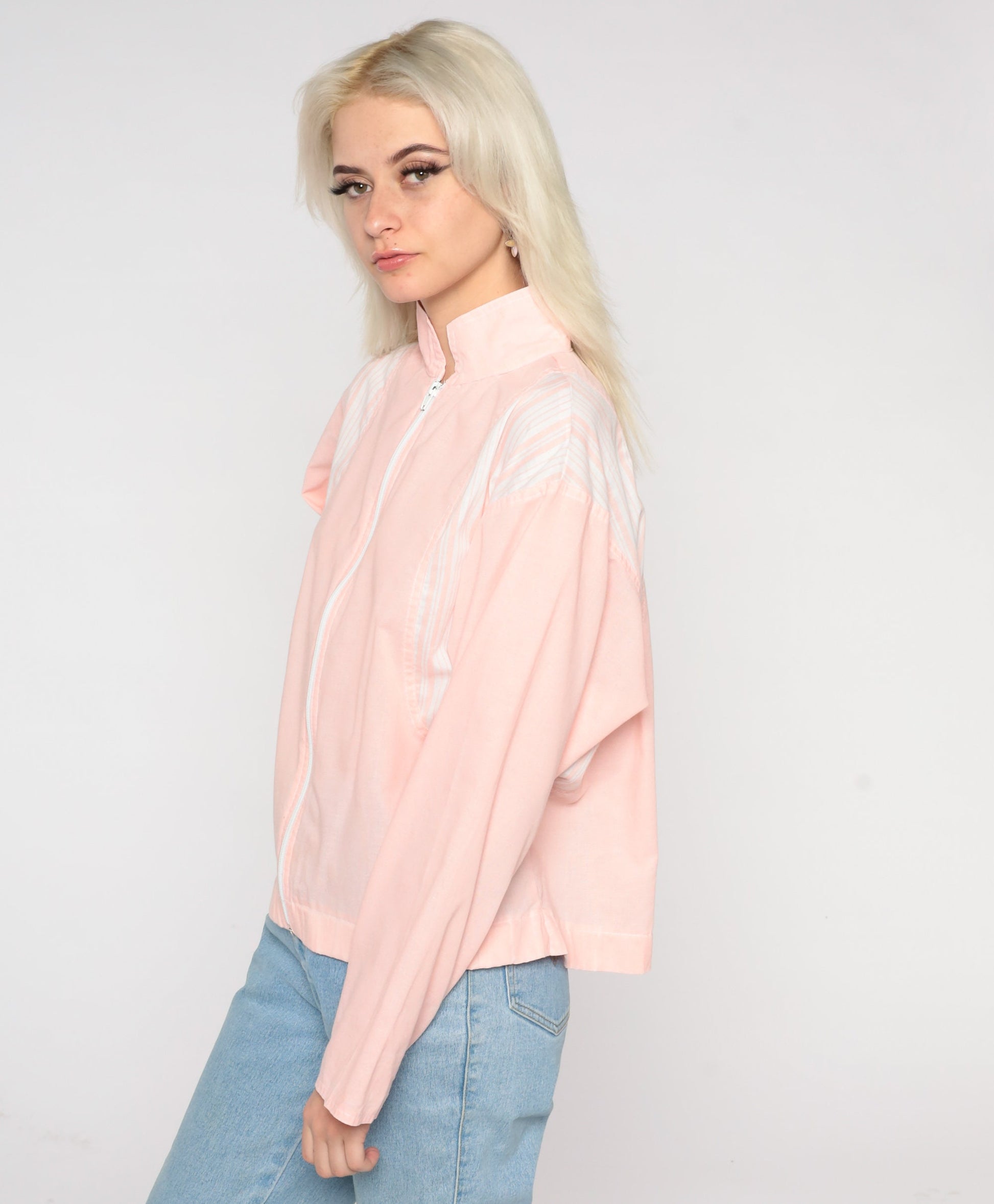 80s Baby Pink Windbreaker Jacket Striped Shoulder Zip-Up Small