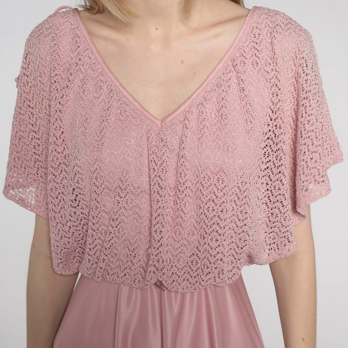 70s Pink Crochet Midi Dress Flutter Sleeve High Waist V Neck Small