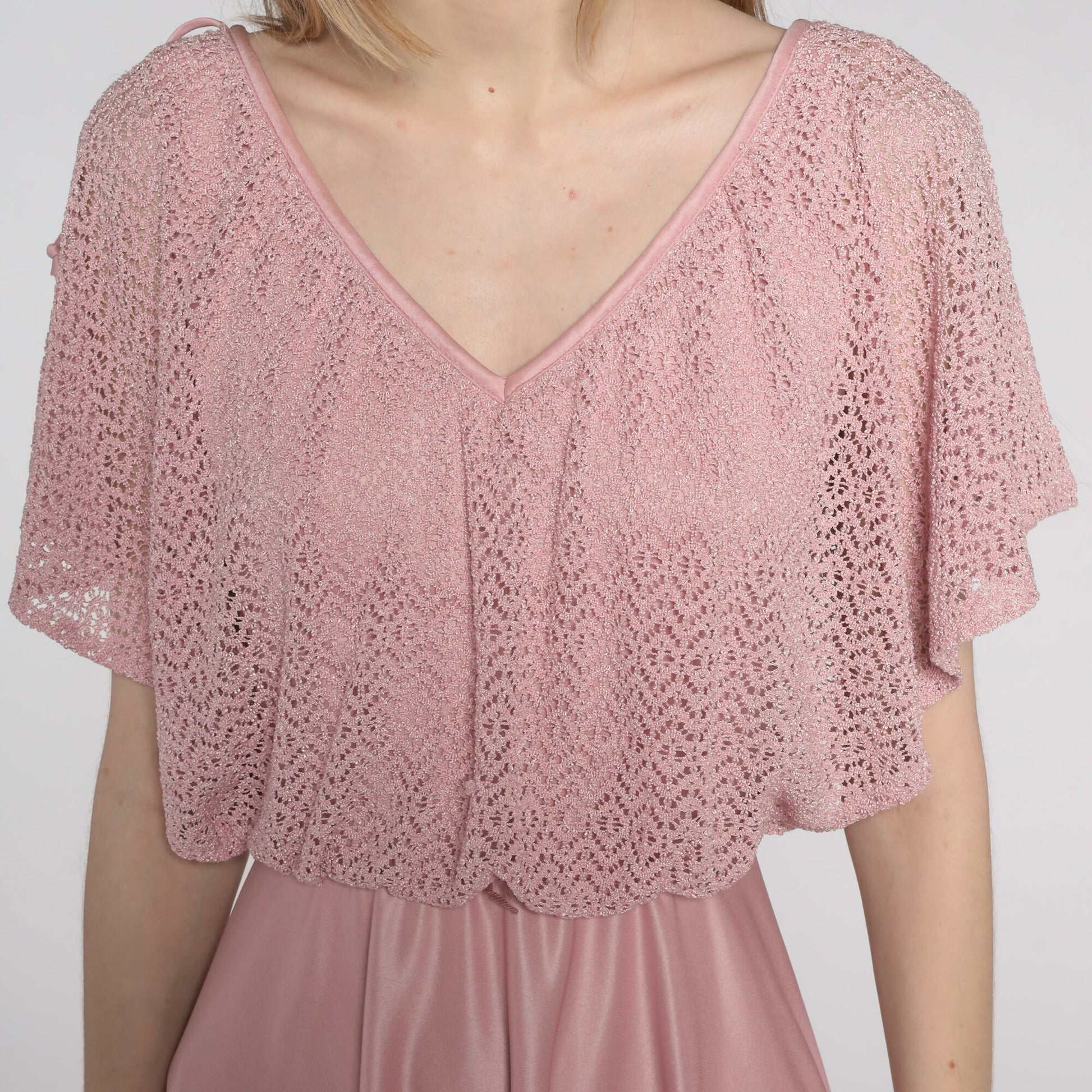 70s Pink Crochet Midi Dress Flutter Sleeve High Waist V Neck Small
