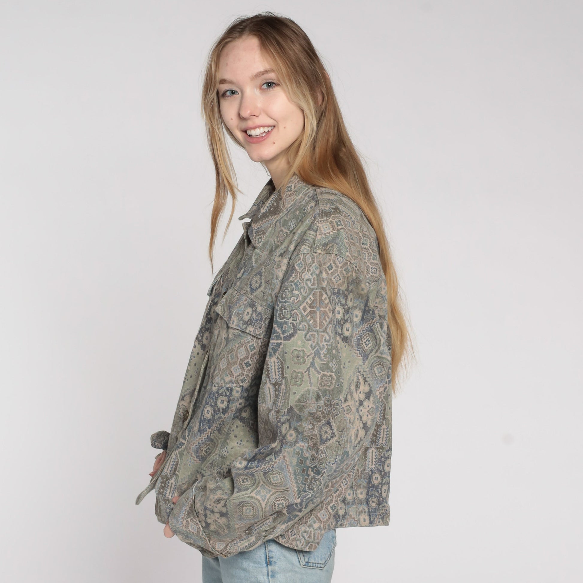 90s Geometric Cargo Jacket Cotton Button Up Taupe Blue Extra Large XL