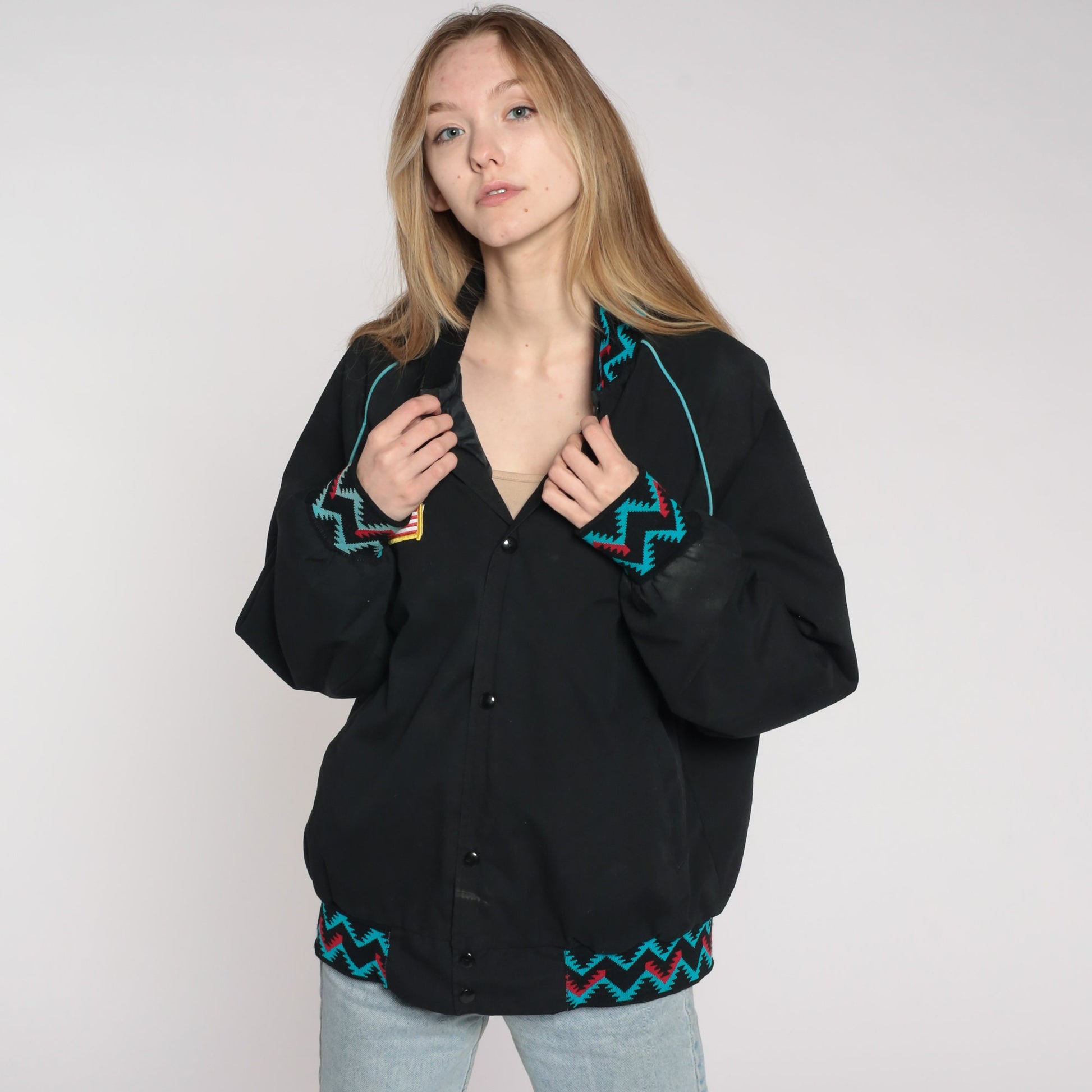 80s Rock N Country Snap Jacket Black Aztec Graphic Unisex Large