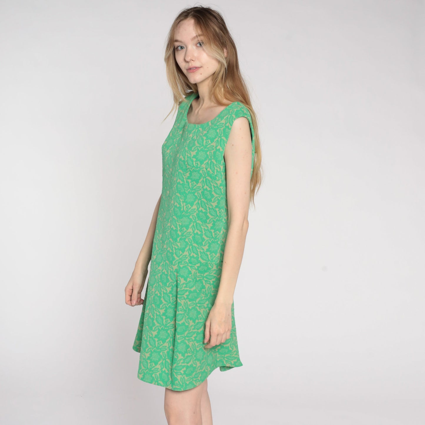 60s Floral Mini Dress Green Drop Waist Pleated Sleeveless Mod Medium Large