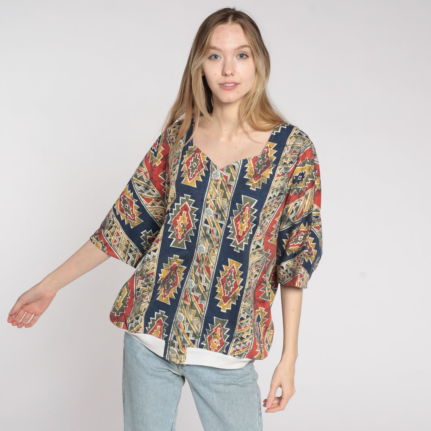 90s Southwestern Aztec Print Button Up Blouse Blue Red Striped Plus Size XXL