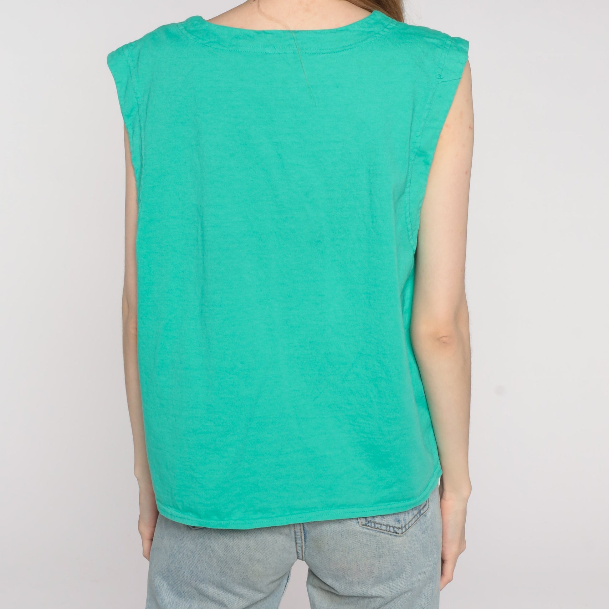90s Green Button-Up Tank Top Sleeveless Blouse V-Neck Large L