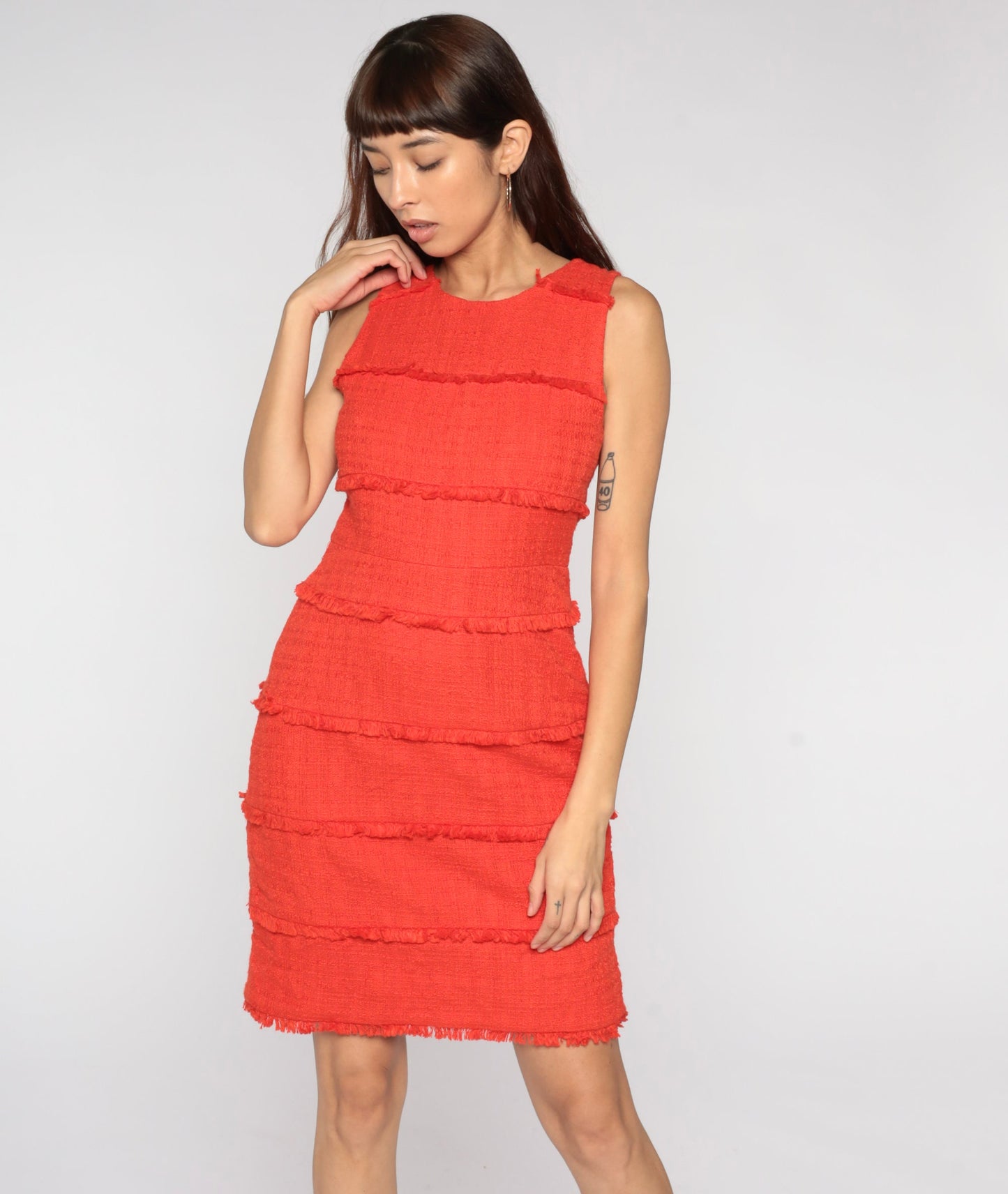 00s Orange Cotton Mini Dress Sleeveless Sheath Fringe Trim Small