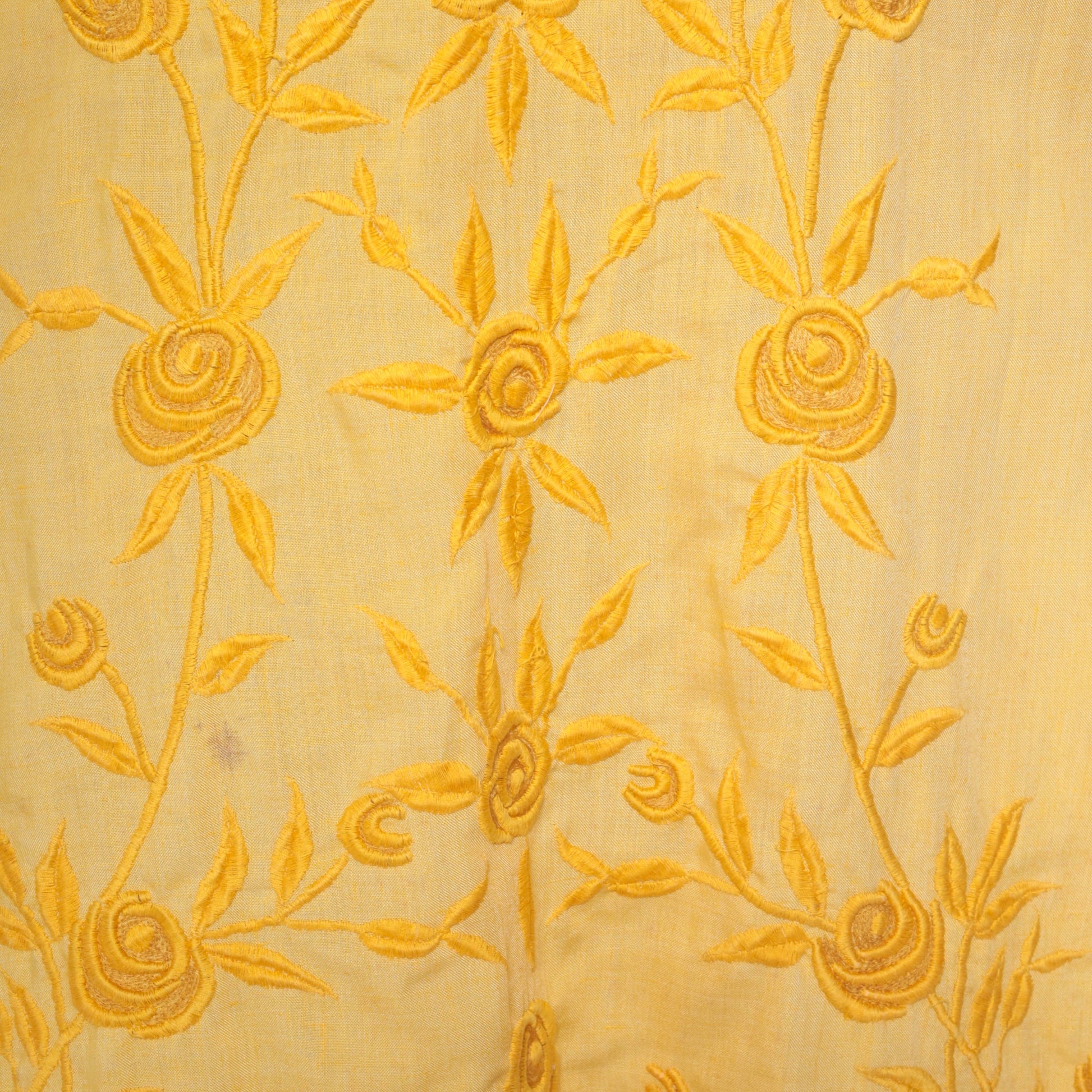 70s Yellow Floral Embroidered Midi Dress Long Sleeve Shift Small Medium