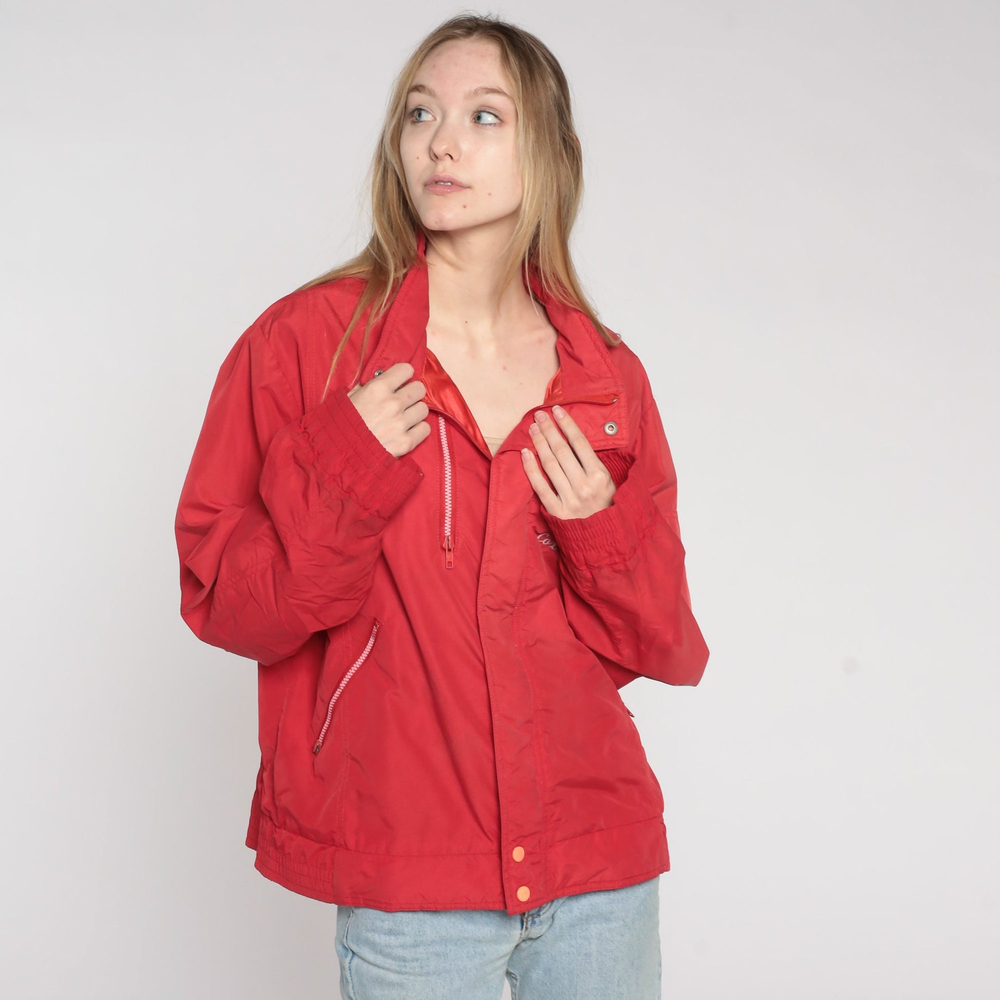 80s Cox Chevrolet Nylon Jacket Bill Embroidered Red Windbreaker Men's Large