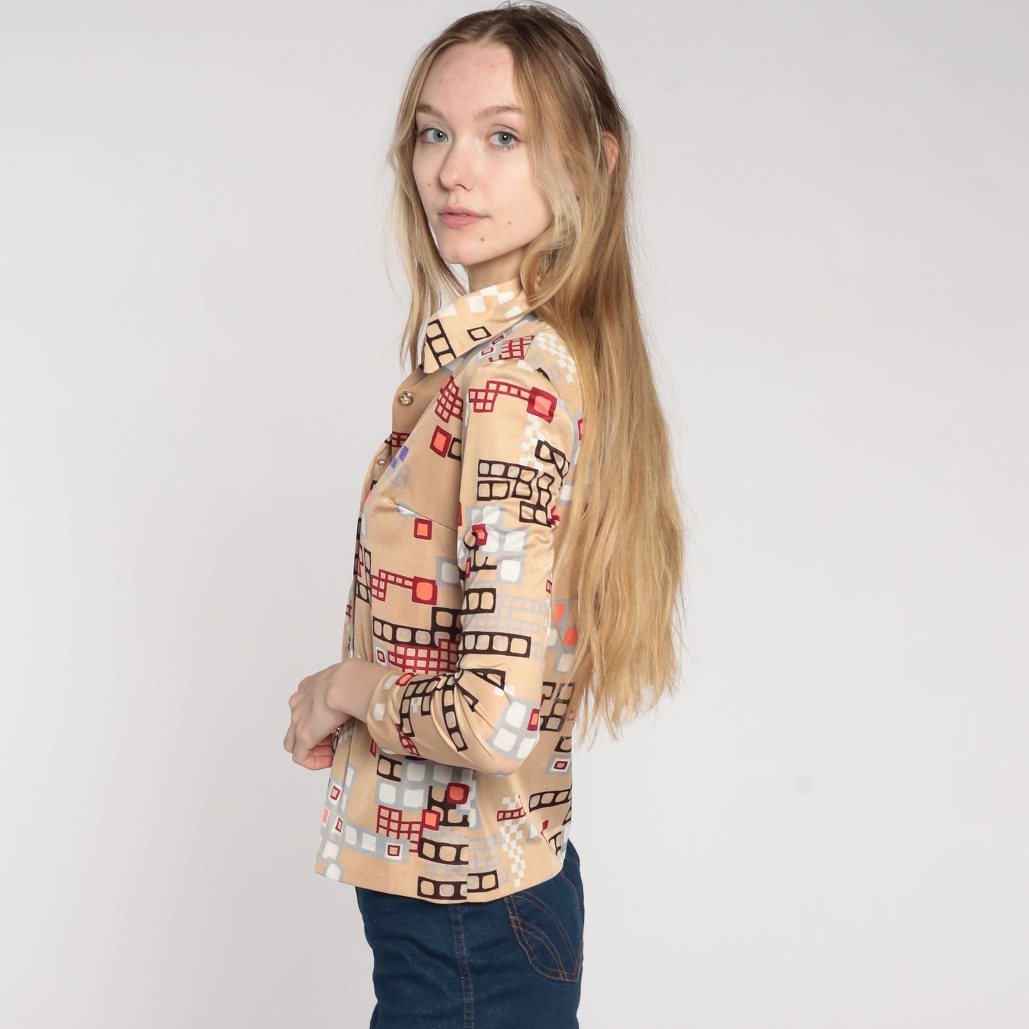 70s Psychedelic Geometric Print Button-Up Blouse Beige Long Sleeve Extra Small
