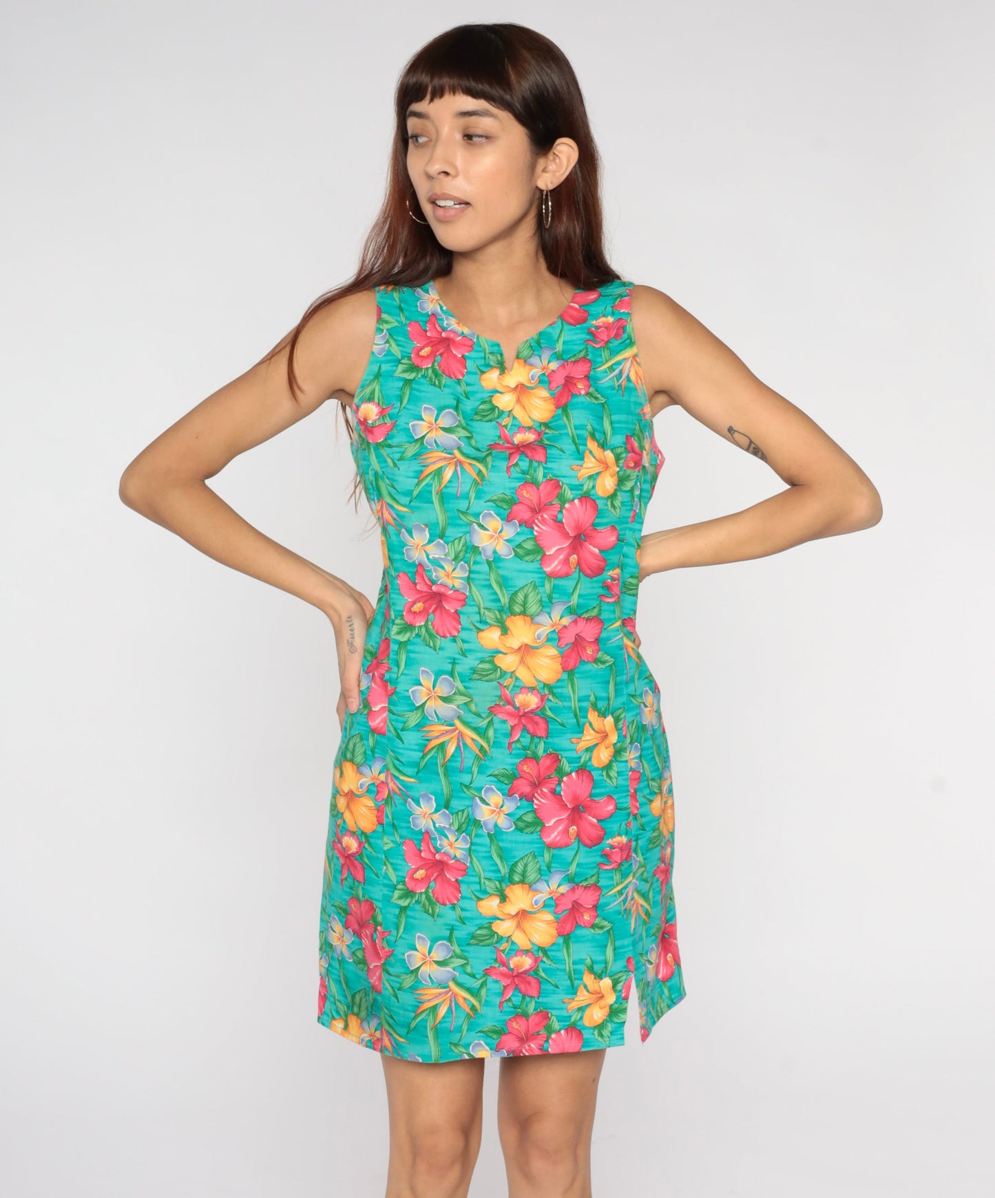 90s Floral Sheath Sundress Turquoise Mini Sleeveless Small Medium