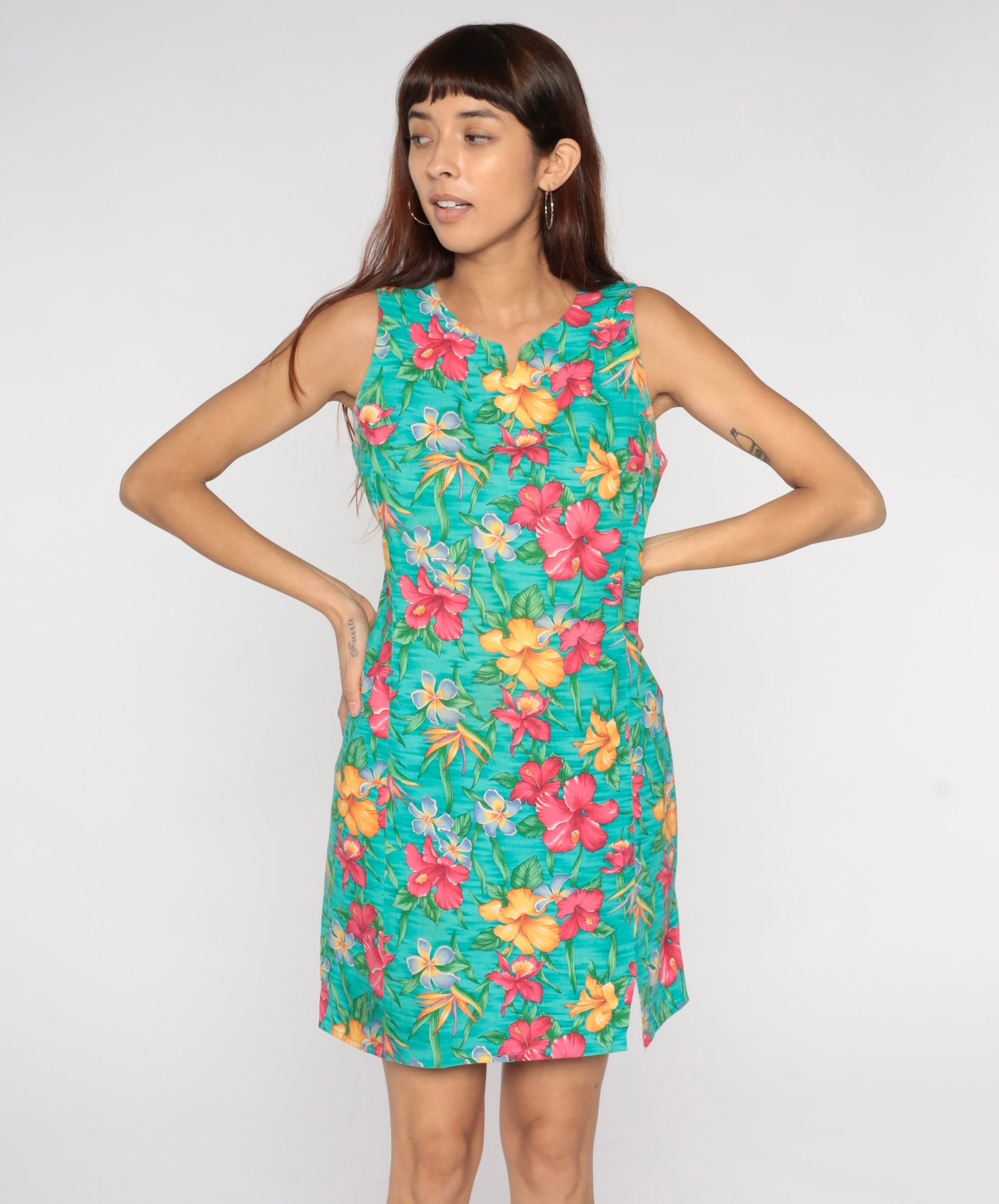 90s Floral Sheath Sundress Turquoise Mini Sleeveless Small Medium