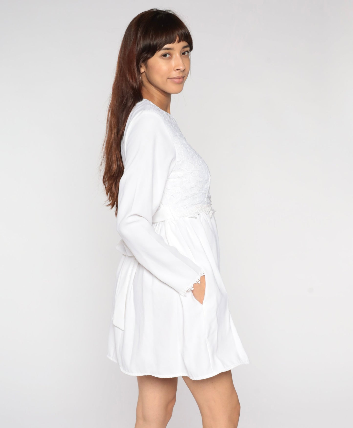 90s White Lace Mini Dress High Waist Long Sleeve Party Small
