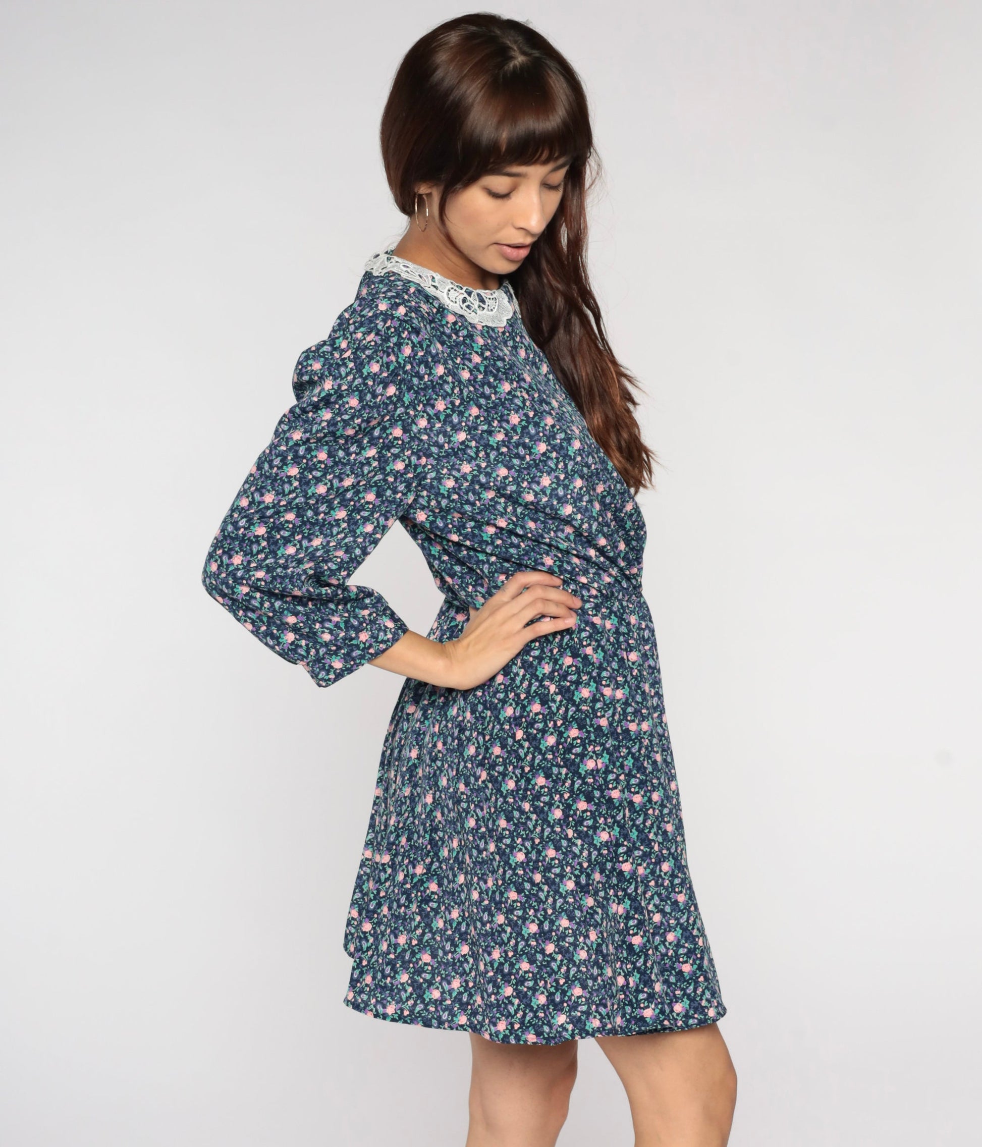 80s Blue Floral Mini Dress Lace Collar 3/4 Sleeve Plus Size XL