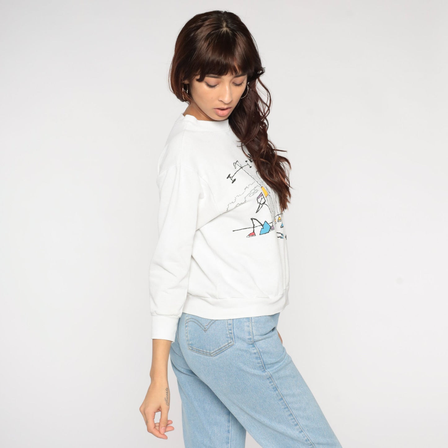 80s Workout Graphic Sweatshirt Stick Figure Fitness White Crewneck Medium