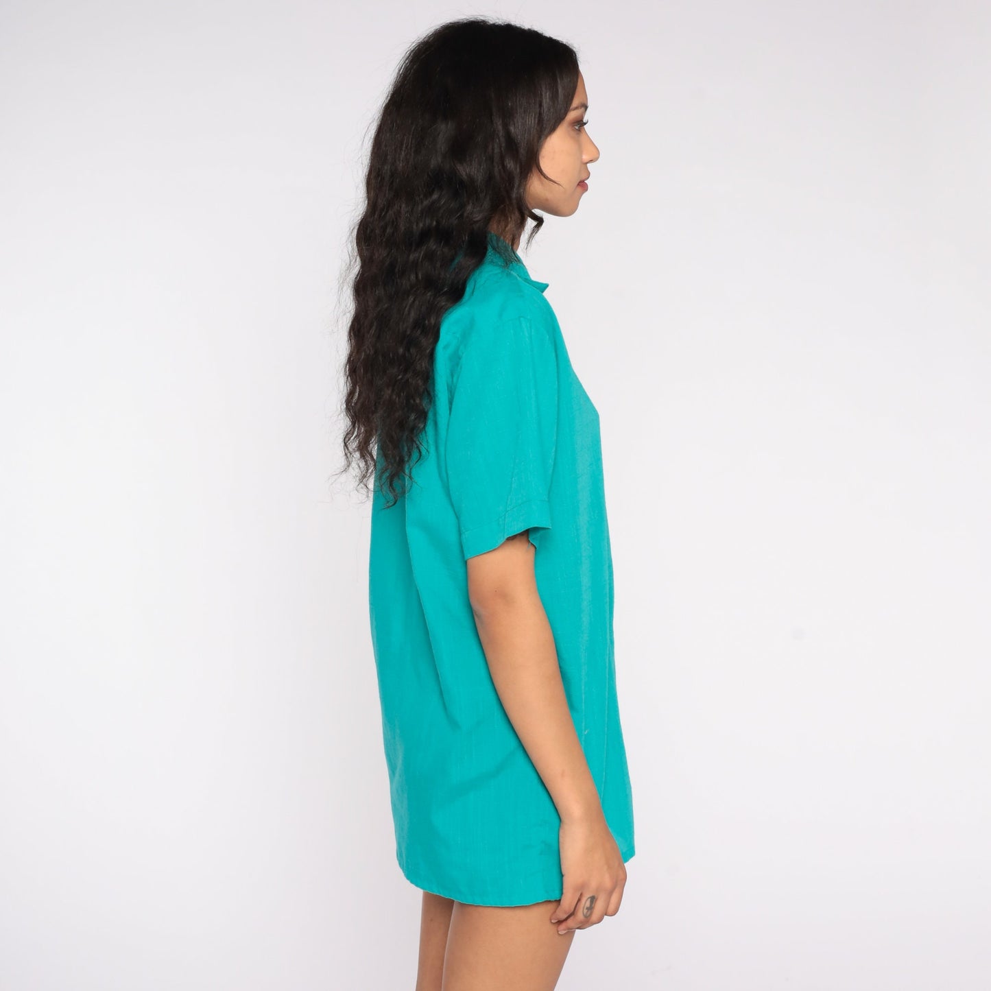 80s Turquoise Button-Up Shirt Short Sleeve Plain Top Medium Large