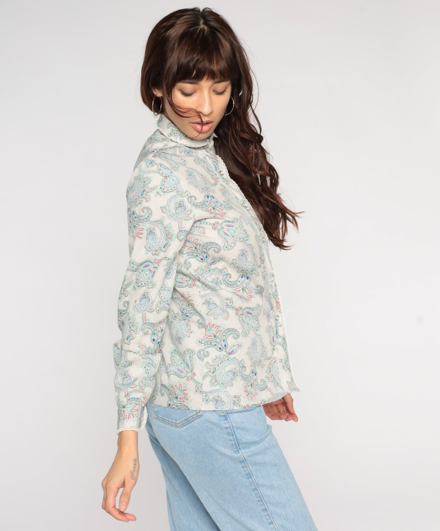 80s Paisley Blouse Peter Pan Collar Button-Up Long Sleeve Off-White Small S