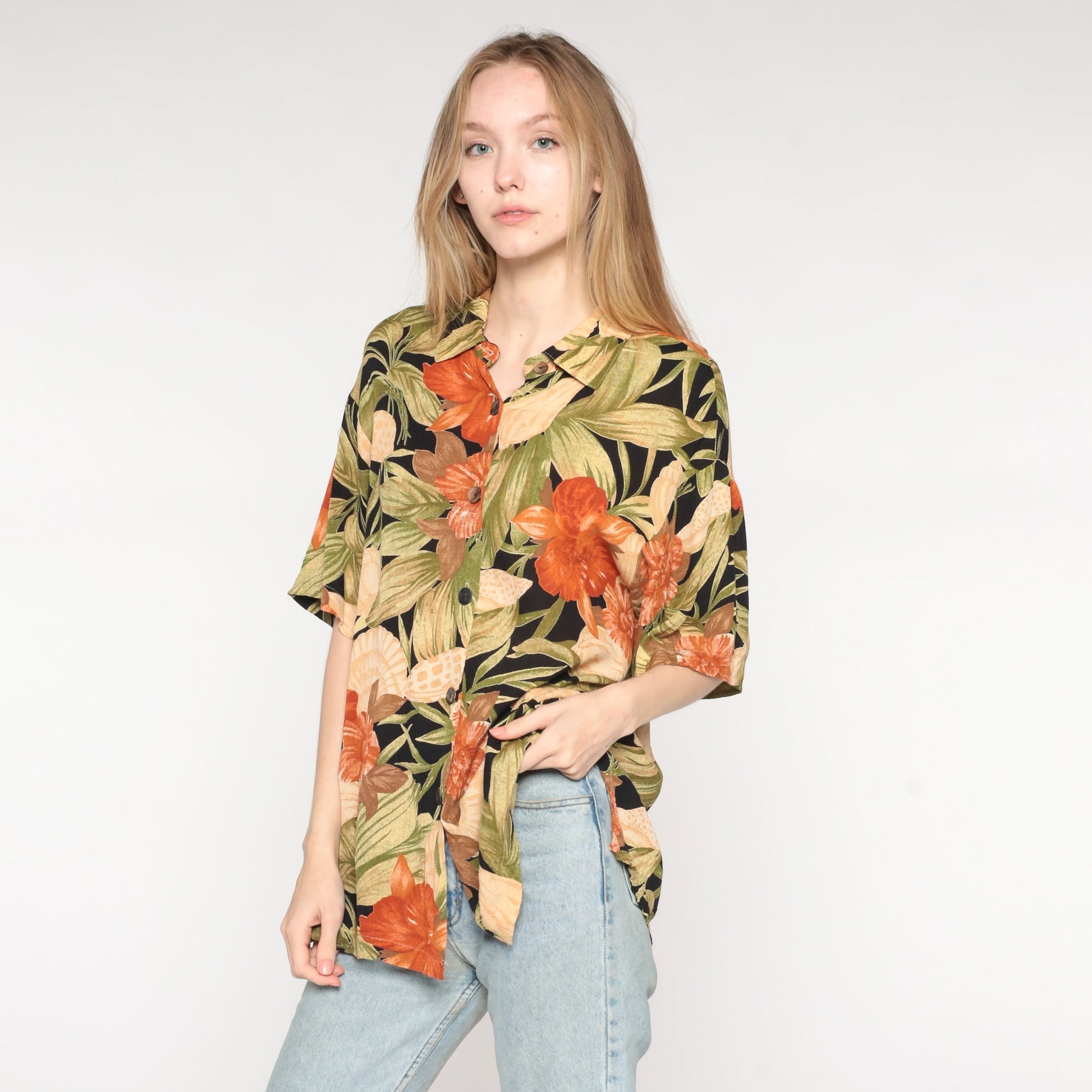 90s Tropical Floral Seashell Button-Up Shirt Orange Green Rayon Medium